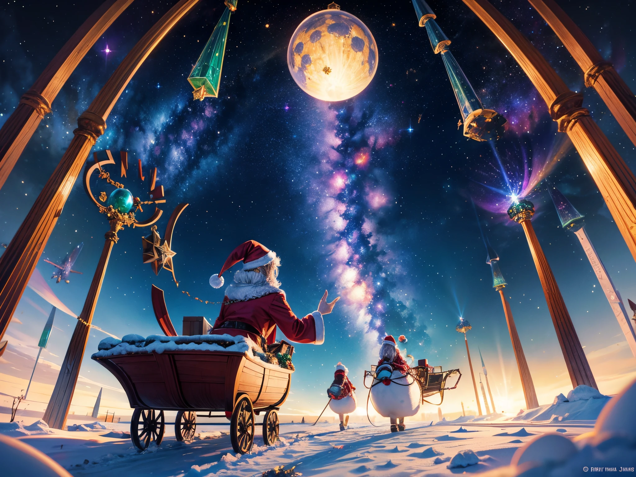 Design an otherworldly scene where 3D Christmas ornaments and Santa's sleigh traverse a galaxy of mesmerizing fractals, each representing a unique festive dimension.