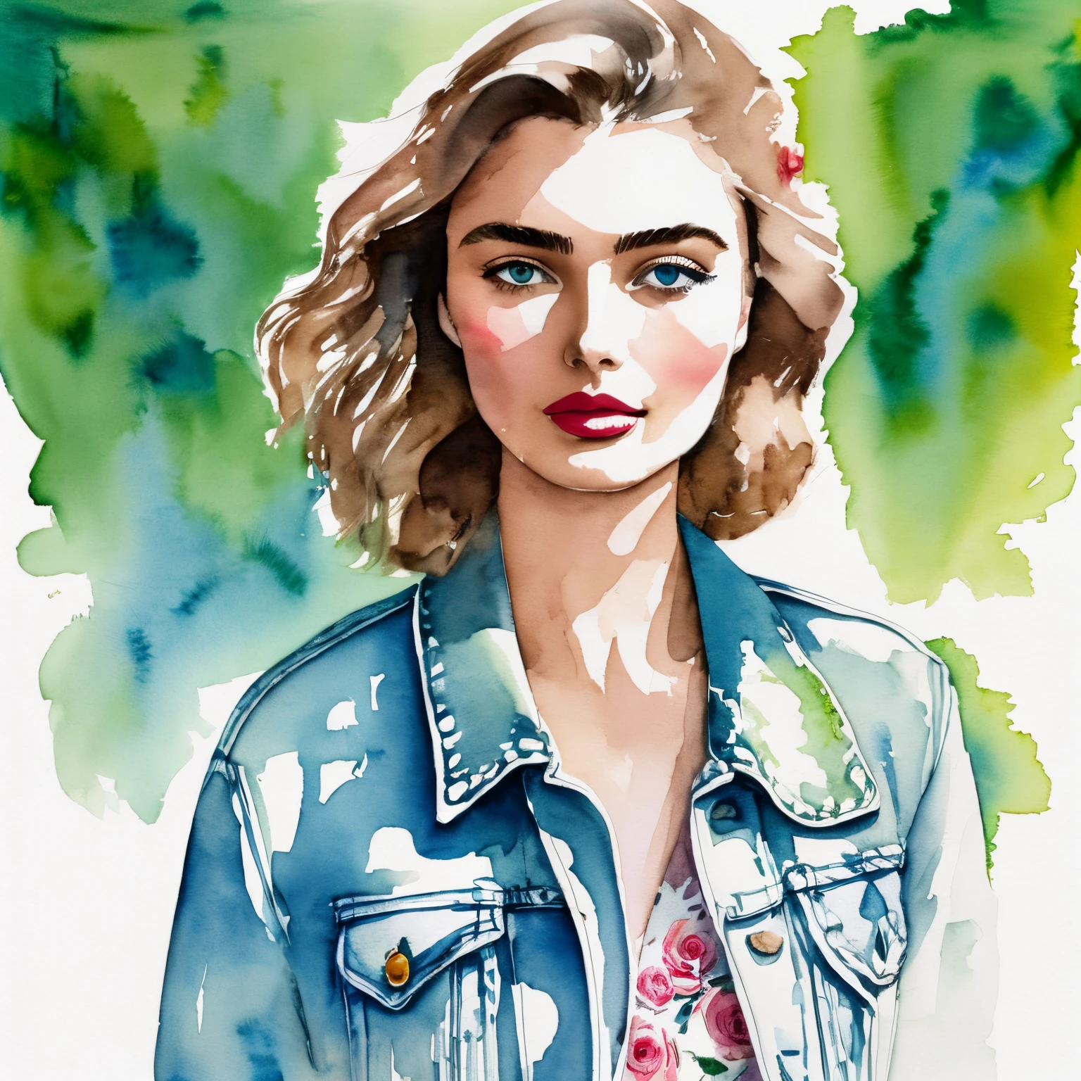 fashion illustration, David Downton watercolor drawing, light brown blonde bob hair 1woman, andreea diaconu, blue eyes, rose color lipstick, blue denim jacket, street, green tree, bokeh, light and shadow, watercolor  texture