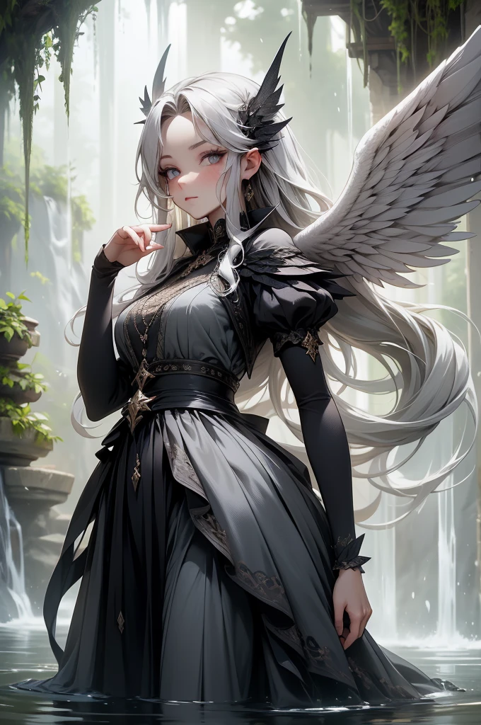 (Absurd, high quality, ultra -compared, careful with the hand) fairy, fairy wings, dreamer body, vivid, romantic and all. Optimistic face, just lies, without entry and intellectual. Reckless style, cold heart, impatient and too confident. Gray eyes, ripe and dark (eyes of the eyes), enchanted fairy. Long hair, gray hair. In the waterfall, water, forest. Whole body flying