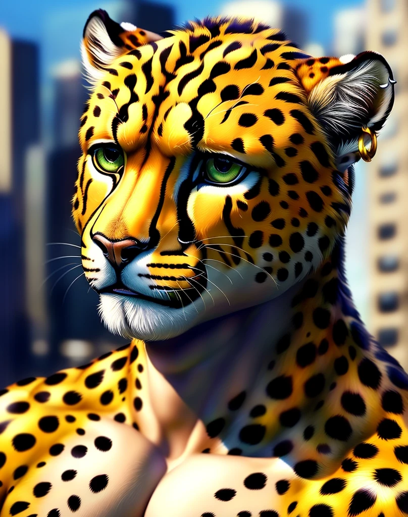anthro (cheetah), male, adult, muscular, topless, (realistic fur, detailed fur texture:1.2), detailed background, noir city background, ((photorealistic)), , ultra detailed, closeup, scar on face, earring in one ear, green eyes, ((cheetah head, human body))