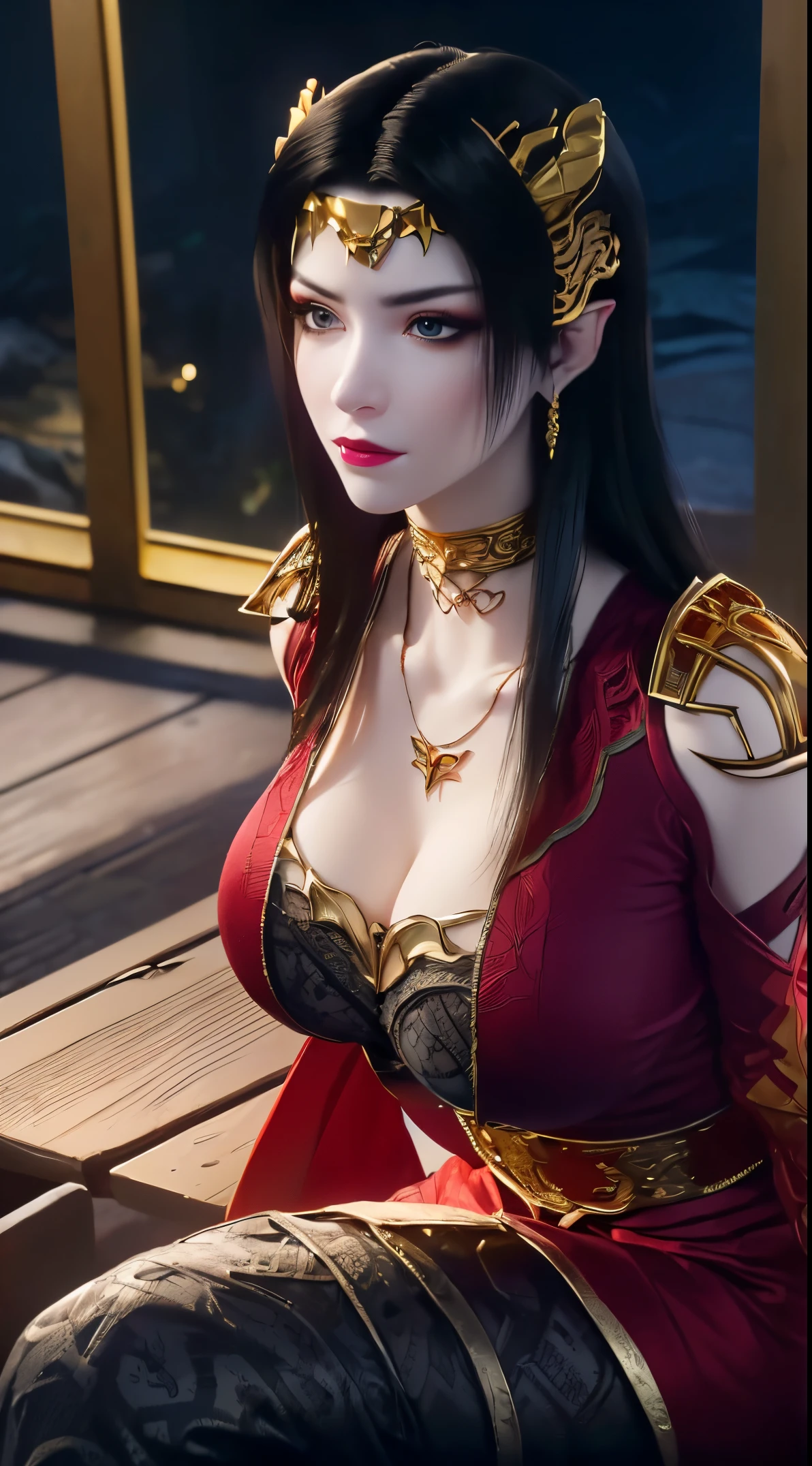 1 extremely beautiful queen, ((wearing traditional red hanfu with thin black patterns:1.6)), (((Patterns on clothes:1.6))), ((long black hair:1.6 )), elaborately crafted jewelry from precious stones and beautiful hair, (((wearing a 24k gold lace necklace:1.4))), noble, noble style of an extremely beautiful girl, very pretty face, thin eyebrows, flawless beautiful face, ((black eye pupils: 0.8)), very beautiful eyes, ((platinum blue eyes: 1 ,6)), (((wide eyes: 1,6))), beautiful makeup and detailed hairdo, eyelashes, steamy eye makeup, high nose, earrings, red lips, ((closed mouth : 1.5)) beautiful lips, slim arms, most beautiful thighs, ((arms behind and spread out to the sides: 1.5)), ((bent sitting position with chest out toward the audience and arms behind :1.6)), rosy face, clean face, flawless beautiful face, smooth white skin, (( super big and round firm breasts: 1.8)), firm breasts, beautiful cleavage, beautiful breasts , perfect body, back arms, open chest, black sheer fishnet stockings with black lace trim, 8k photo, super high quality, super realistic, super 10 x pixel, optical, bright studio, bright edges, lighting two-tone, (high detail skin: 1.2), ultra 8k, soft light, high quality, volumetric light, optical, optical high resolution, light, best shot, quality 4k, 8k, blur effect, smooth sharpness, 10 x pixels, ((sea and moonlight in night background: 1.5)), aurora, lightning, hyper-realistic graphics, most realistic graphics, 1 girl, alone, solo, Extremely sharp, surreal image, (((frontal portrait: 1)))."