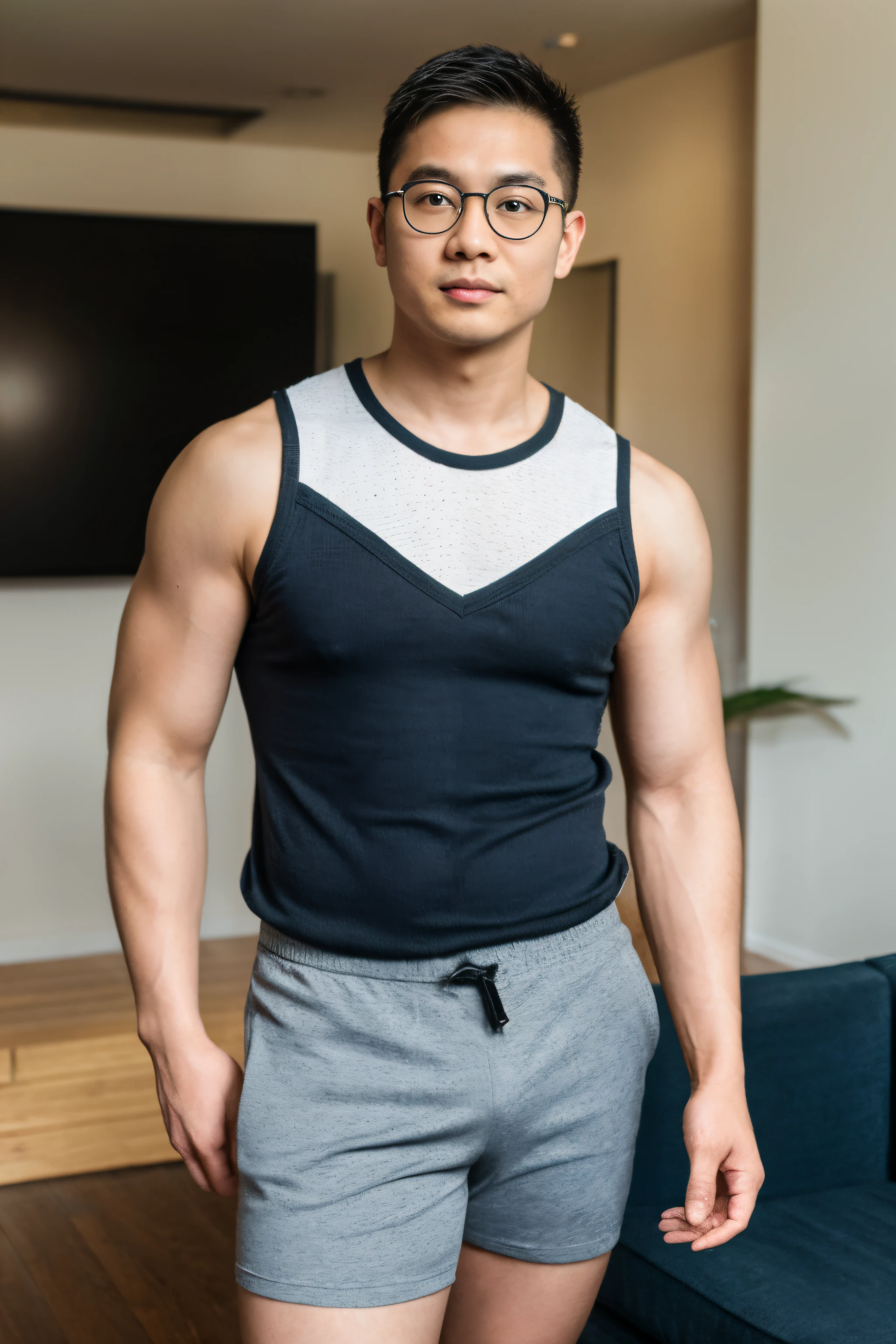 Andrew Thomas Huang, visage ovale, lunettes, soigné and musclé, chemise sans manches, short shorts, Posant, Salon