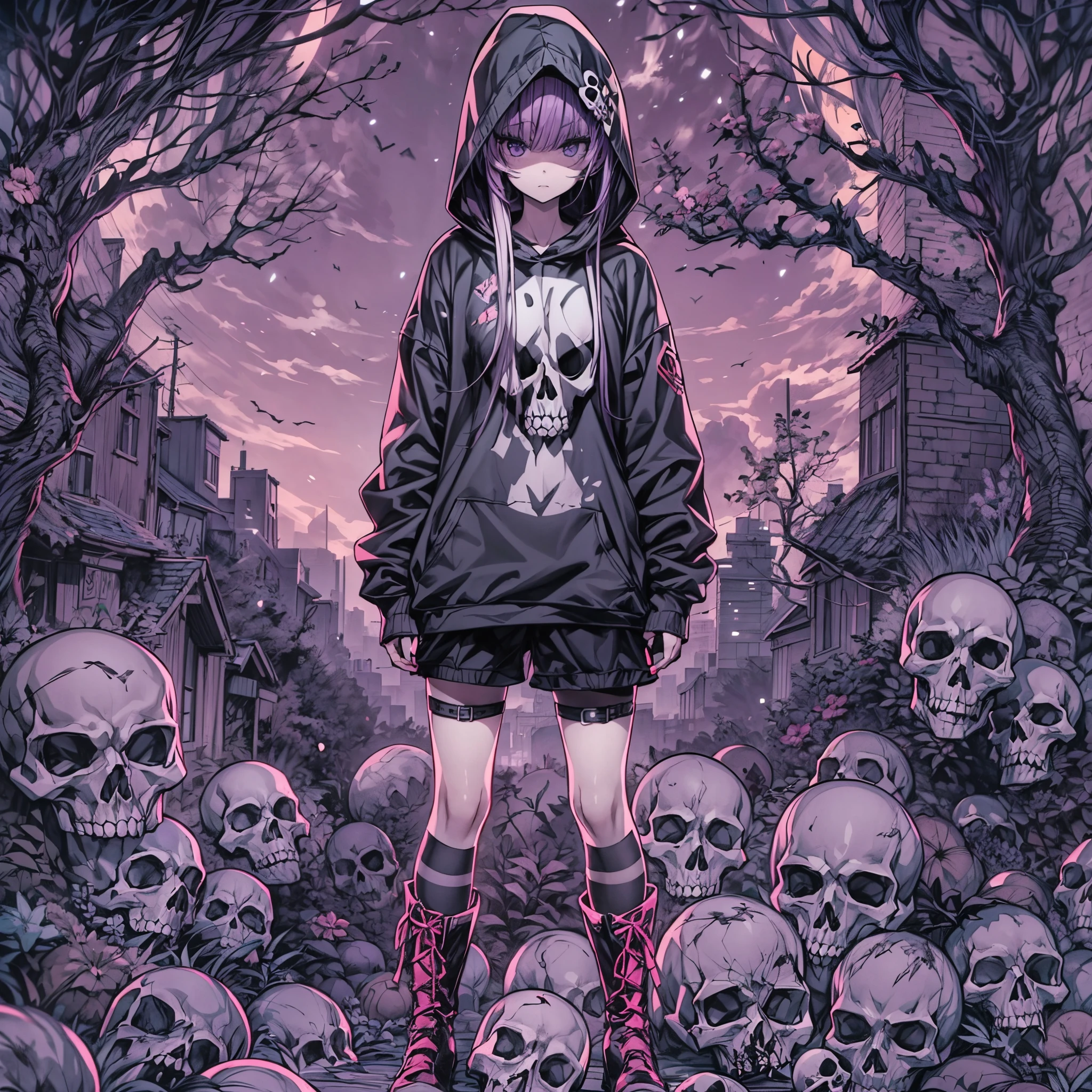 In the foreground, an anime-style Grim Reaper girl stands, embodying a mentally ill atmosphere. She wears a modern, black-toned outfit: a hooded sweatshirt hoodie, tie-fitting shorts, and knee-high long boots. Her skin is pale, with hair featuring black to pink and white gradation, styled in blunt bangs and twin tails, adorned with a skull. In the background, a mountain of skulls under ((purple)(eerie)full moon) creates a complex, detailed scene. This juxtaposition balances the character's presence against the intricate backdrop.