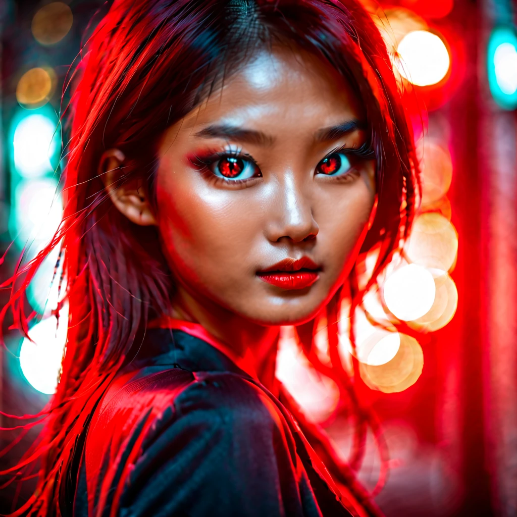 beautiful asian girl with glowing red cat eyes