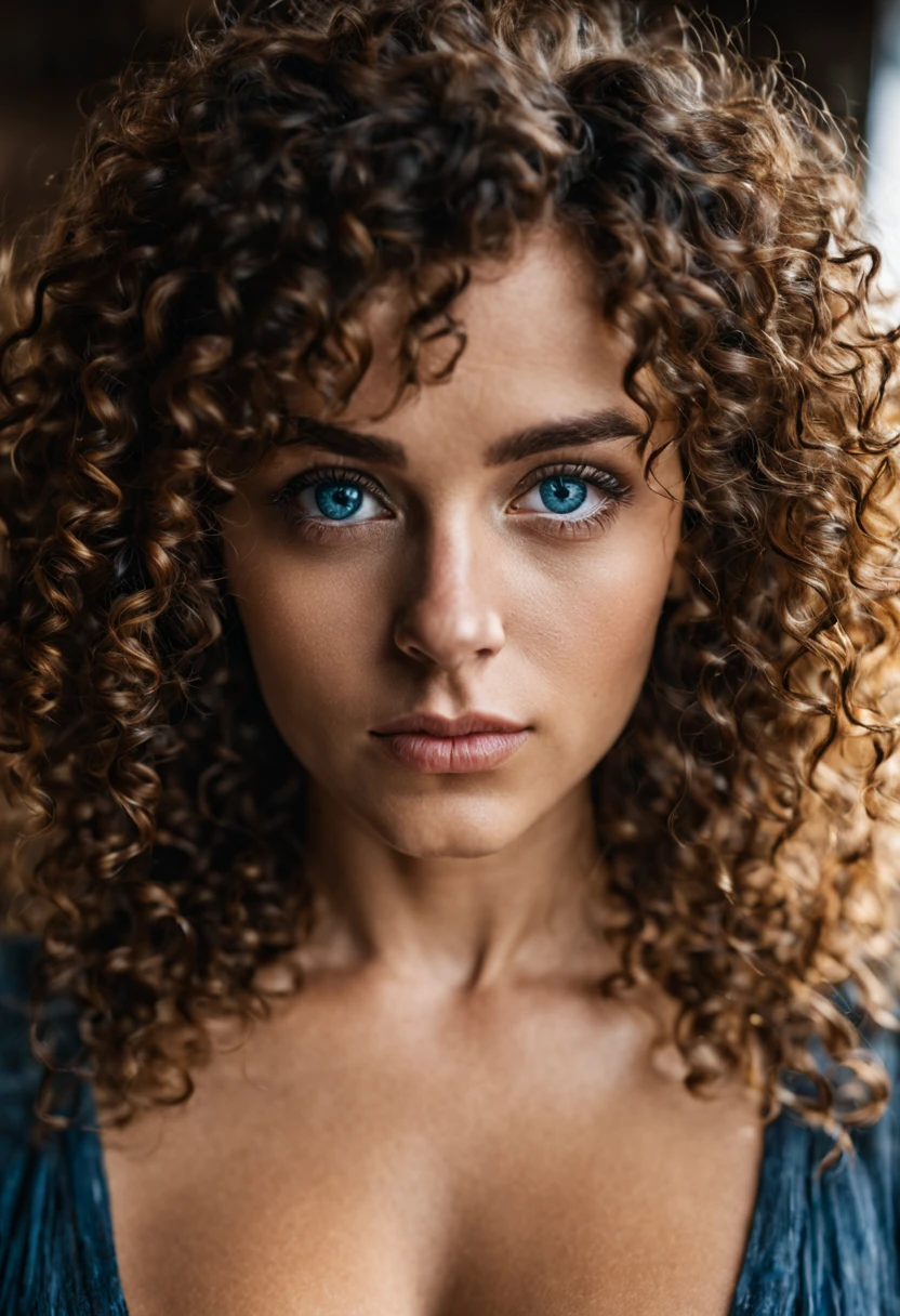 up close photo of a beautiful Portuguese 25-year-old, blue eyes, curly fringe, big breasts, ultra-detailed, dramatic, atmospheric portrait, cover cinematic photo photograph, Kodak portrait 800, . 35mm photograph, film, bokeh, professional, 4k, highly detailed