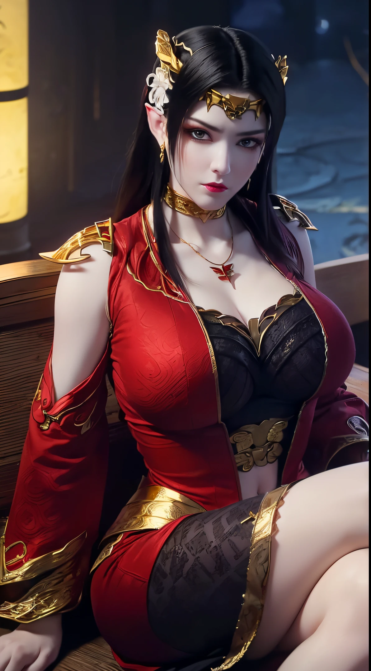 1 extremely beautiful queen, ((wearing traditional red hanfu with thin black patterns:1.6)), (((Patterns on clothes:1.6))), ((long black hair:1.6 )), elaborately crafted jewelry from precious stones and beautiful hair, (((wearing a 24k gold lace necklace:1.4))), noble, noble style of an extremely beautiful girl, very pretty face, thin eyebrows, flawless beautiful face, ((black eye pupils: 0.8)), very beautiful eyes, ((platinum blue eyes: 1 ,6)), (((wide eyes: 1,6))), beautiful makeup and detailed hairdo, eyelashes, steamy eye makeup, high nose, earrings, red lips, ((closed mouth : 1.5)) beautiful lips, slim arms, most beautiful thighs, ((arms behind and spread out to the sides: 1.5)), ((bent sitting position with chest out toward the audience and arms behind :1.6)), rosy face, clean face, flawless beautiful face, smooth white skin, (( super big and round firm breasts: 1.8)), firm breasts, beautiful cleavage, beautiful breasts , perfect body, back arms, open chest, black sheer fishnet stockings with black lace trim, 8k photo, super high quality, super realistic, super 10 x pixel, optical, bright studio, bright edges, lighting two-tone, (high detail skin: 1.2), ultra 8k, soft light, high quality, volumetric light, optical, optical high resolution, light, best shot, quality 4k, 8k, blur effect, smooth sharpness, 10 x pixels, ((sea and moonlight in night background: 1.5)), aurora, lightning, hyper-realistic graphics, most realistic graphics, 1 girl, alone, solo, Extremely sharp, surreal image, (((frontal portrait: 1)))."