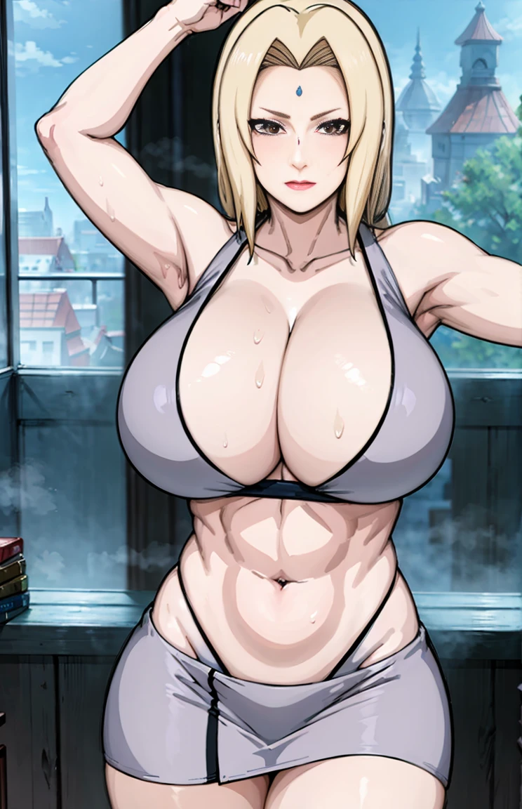 Big titlack tight skirt, full bodyesbian, cleavage, Good anatomy, Masterpiece, Best quality, 4K, 8K, Professional photography, Soft light, Sharp focus, 1 girl, Blonde hair, in class room, Blonde hair, Spin-off of banks, Detailed face+Brown eyes, Open lips, lipstick, perspire,Sweat a lot,Blushlush,Be red in the face,I had a lot of sweat on my face,Blushlush),(stooped,Buttresigboobs,Enchanting pose,A sexy pose),deep navel show:1.3,front view,(sports bra):1.3,toned abs,long oval shaped navel that seems deep and big:1.3,front view:1.3