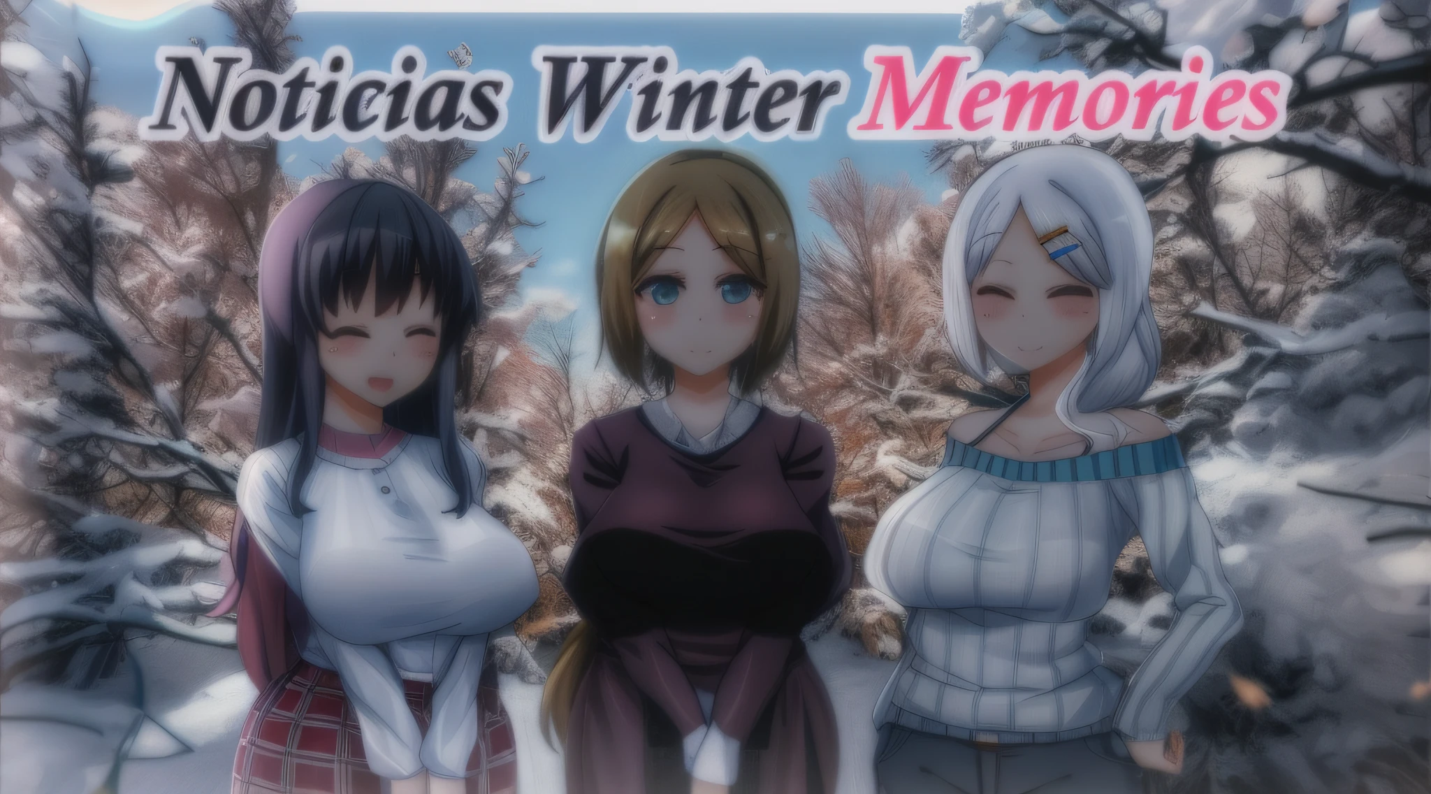 un grupo de chicas anime paradas una al lado de la otra en la nieve, Novela visual CG, ; Novela visual, Novela visual, Estilo anime Ecchi, Ecchi, Estilo Ecchi, Nieve invernal, Cold winter, novela visual clave visual, Temporada de invierno, invierno, memes, PC captura de pantalla, Estaciones!! : 🌸 ☀ 🍂 ❄, Horario de invierno, sfw version