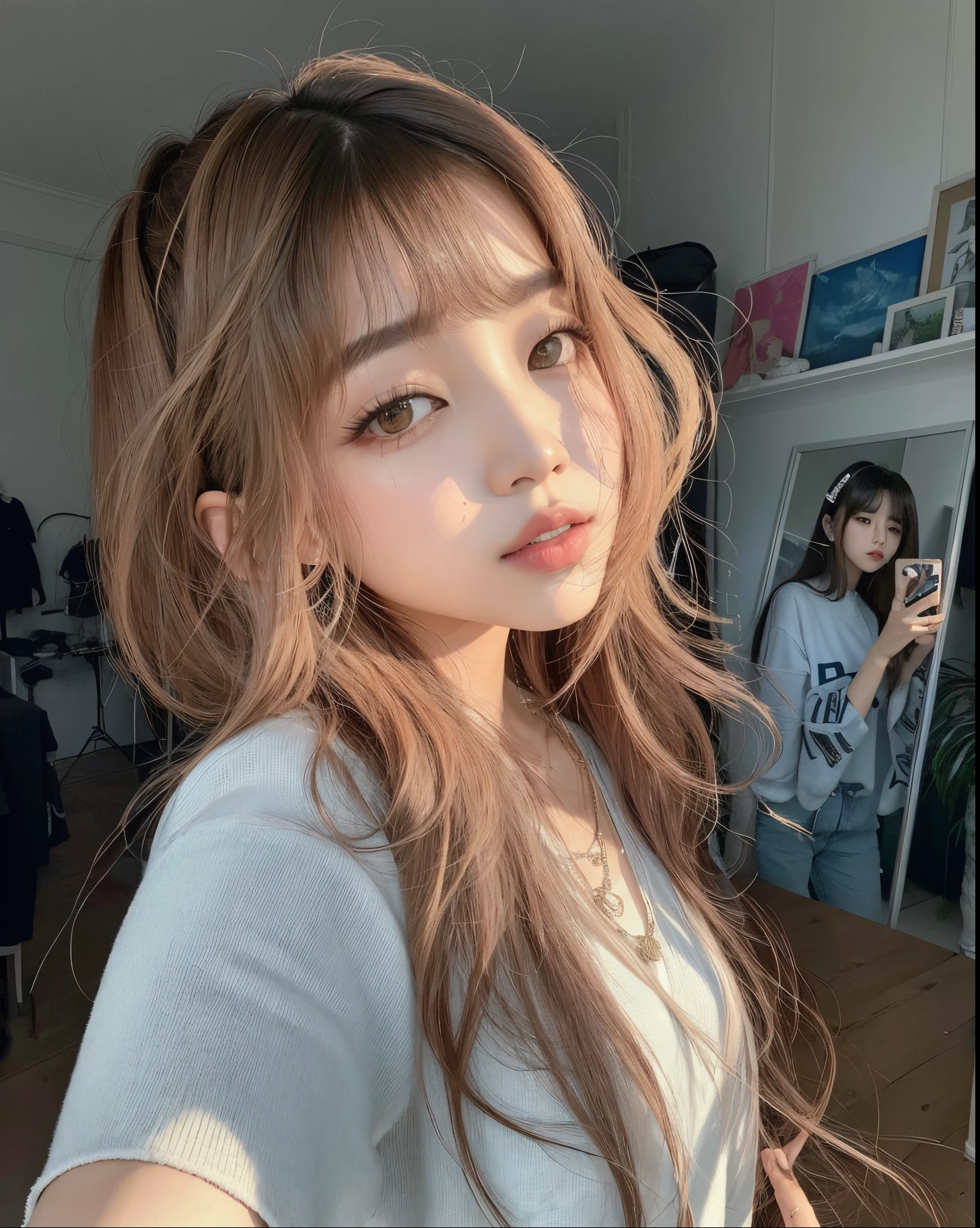 there is a woman taking a selfie with her cell phone, Lalisa Manobal, Lalisa Manoban do Blackpink, com franja, franja fofa, Jinyoung Canela, Retrato de Jossi de Blackpink, Parque Roseanne do Blackpink, cabelos longos com franja, com franja completa, cabelo arrumado com franja, Bae Suzy, Pokimane, tzuyu de duas vezes