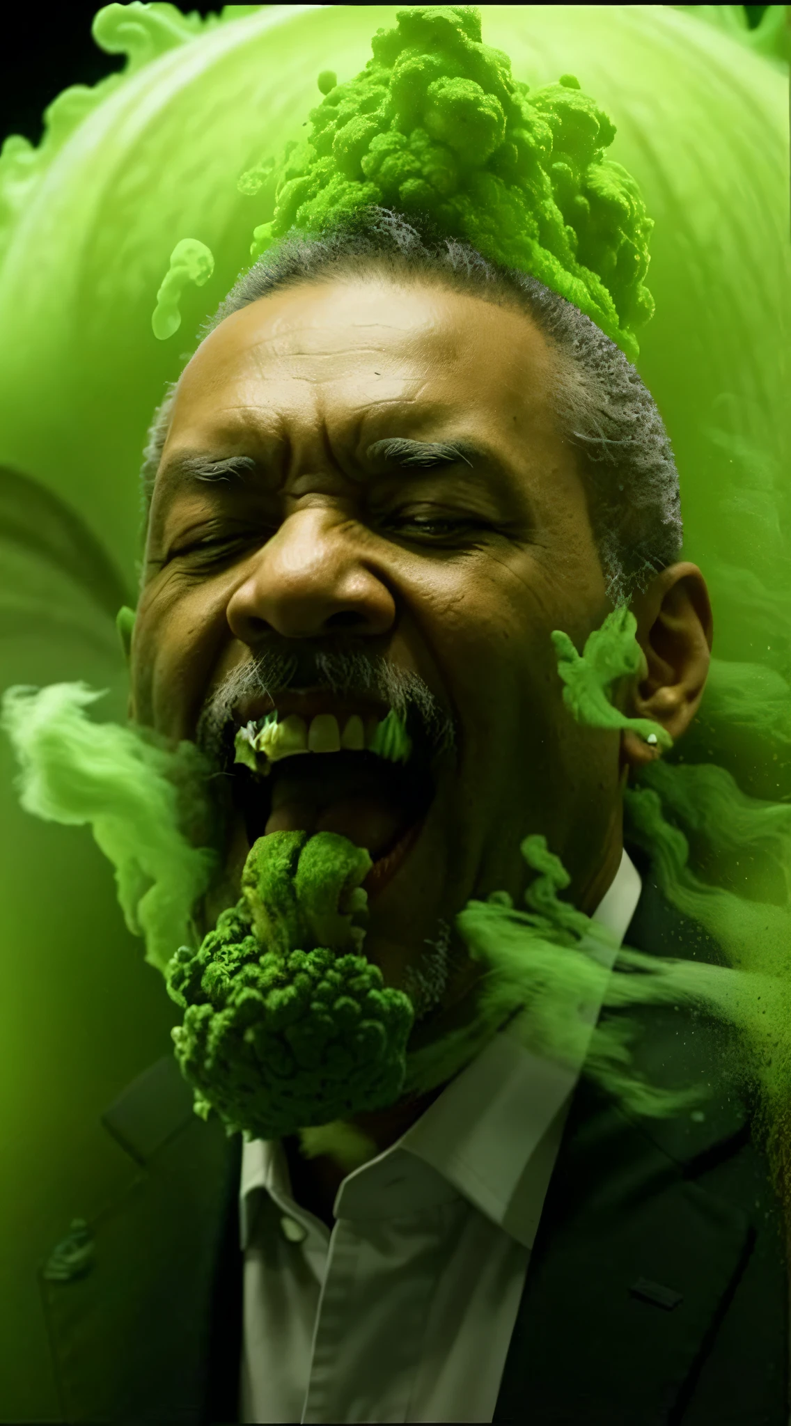 Dr. Sebi eating  powder with a green smoke coming out of his mouth, Dr. Sebi, Dr. Sebi as the joker, Dr. Sebi in attack on titan, film still of Dr. Sebi, Dr. sebi), oprah okra winfrey sentient veg, lettuce, flames are burning behind Dr. Sebi, photobashing, greens), green skin!, fake, [ realistic photo ]!! background full of powder flying