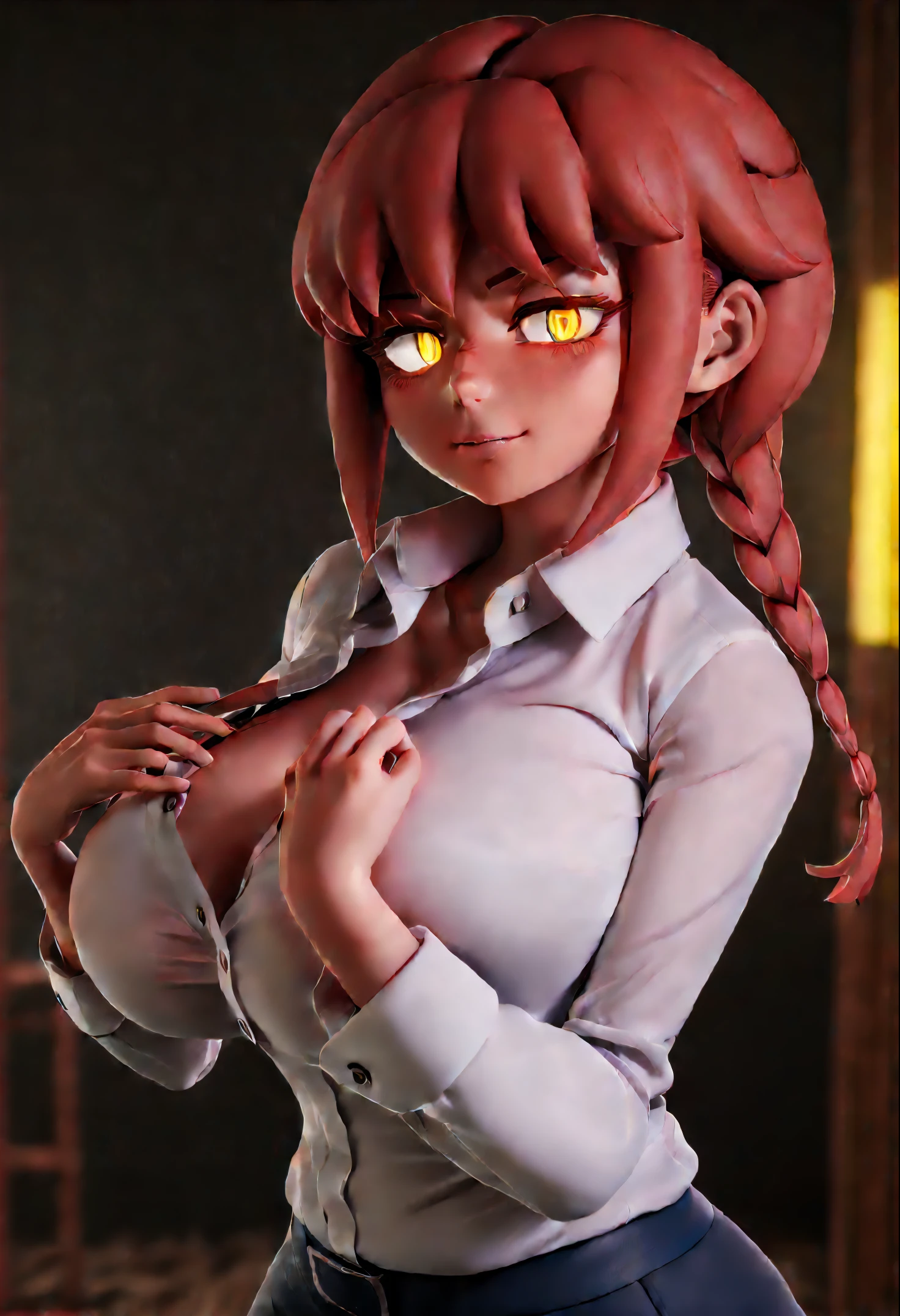 best quality, masterpiece1.2), human, cally3d, sexy, detailed, extreme detail, perfect lighting, 4k, 1girl, solo. makima fondling herself, blush, makima_\(chainsaw_man\),shirt,red_hair,yellow_eyes,braided_ponytail,bangs,ringed_eyes,long_hair, white_shirt,