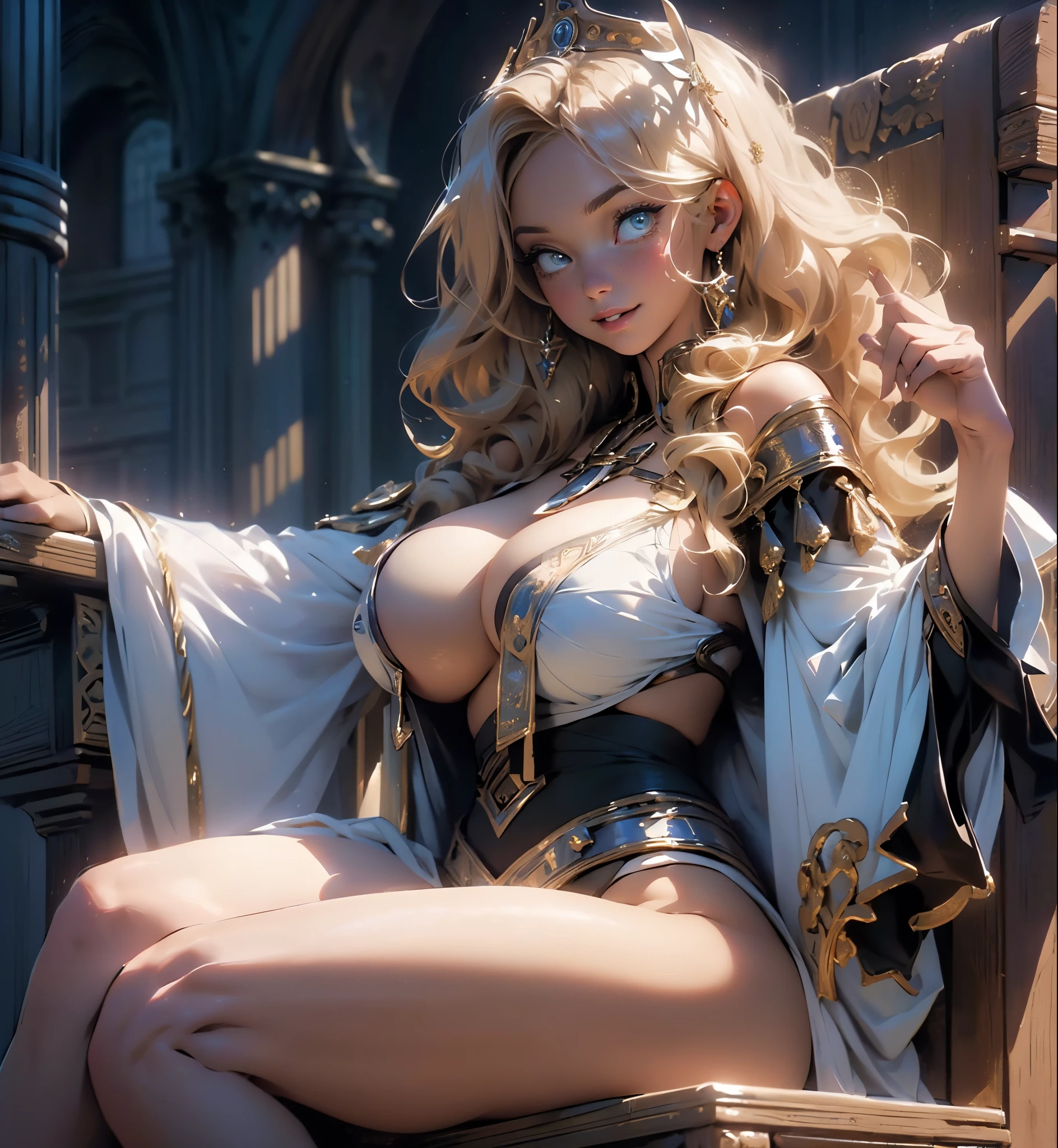 Melancholy lighting, Take it easy, calm, shine, masterpiece, best quality, 1 girl, (JinxLol: 1.2), (ultra photorealistic: 1.3), (masterpiece: 1.4), best quality, ((realistic)), high quality, Ultra Detailed, ((real image)), ((realistic skin)), ((realistic face)), (illustration: 1.05), (beautiful: 1.05), (beautiful detailed eyes: 1.05), (cinematic light: 1.1), full body, accurate proportions, 25-year old girl, CURVY model (wearing sexy priestess :1.6), (exposing big boobs:1.7), (sitting on the throne :1.7) (in a church setting :1.2), waves, BLOND hair fluttering in the wind, long legs, slightly open feet, butt, blushing, shyness, clavicle, abs, double texture, beautiful and delicate face, fair skin, real skin, (face detail), couples, super high res, 8k, parameters Best quality, masterpiece, super high res, (Realistic 2.0), more details, detailed skin, wide smile, white teeth, VOLUMINOUS GINGER BLONDIE hair, perfect and well-drawn eyes, girlfriend, cute, pretty, studio illumination, (((PERFECT EVEN EYES:1.2)))