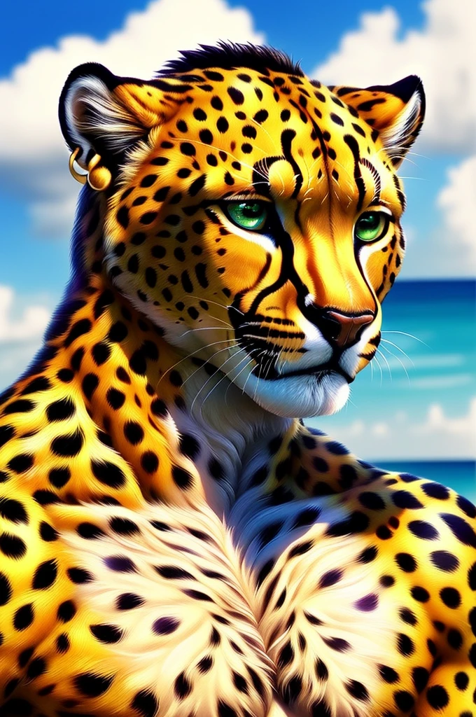 anthro (cheetah), male, adult, muscular, topless, (realistic fur, detailed fur texture:1.2), detailed background, sea background, (((photorealistic))), , ultra detailed, closeup, scar on face, earring in one ear, green eyes, ((cheetah head, human body)), photoshot