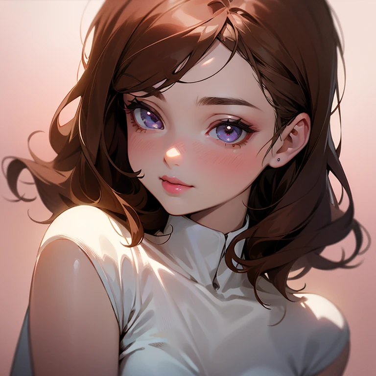 girl, pale skin, hazel eyes, dark brown hair, pink lips, flushed cheeks, slight smile
