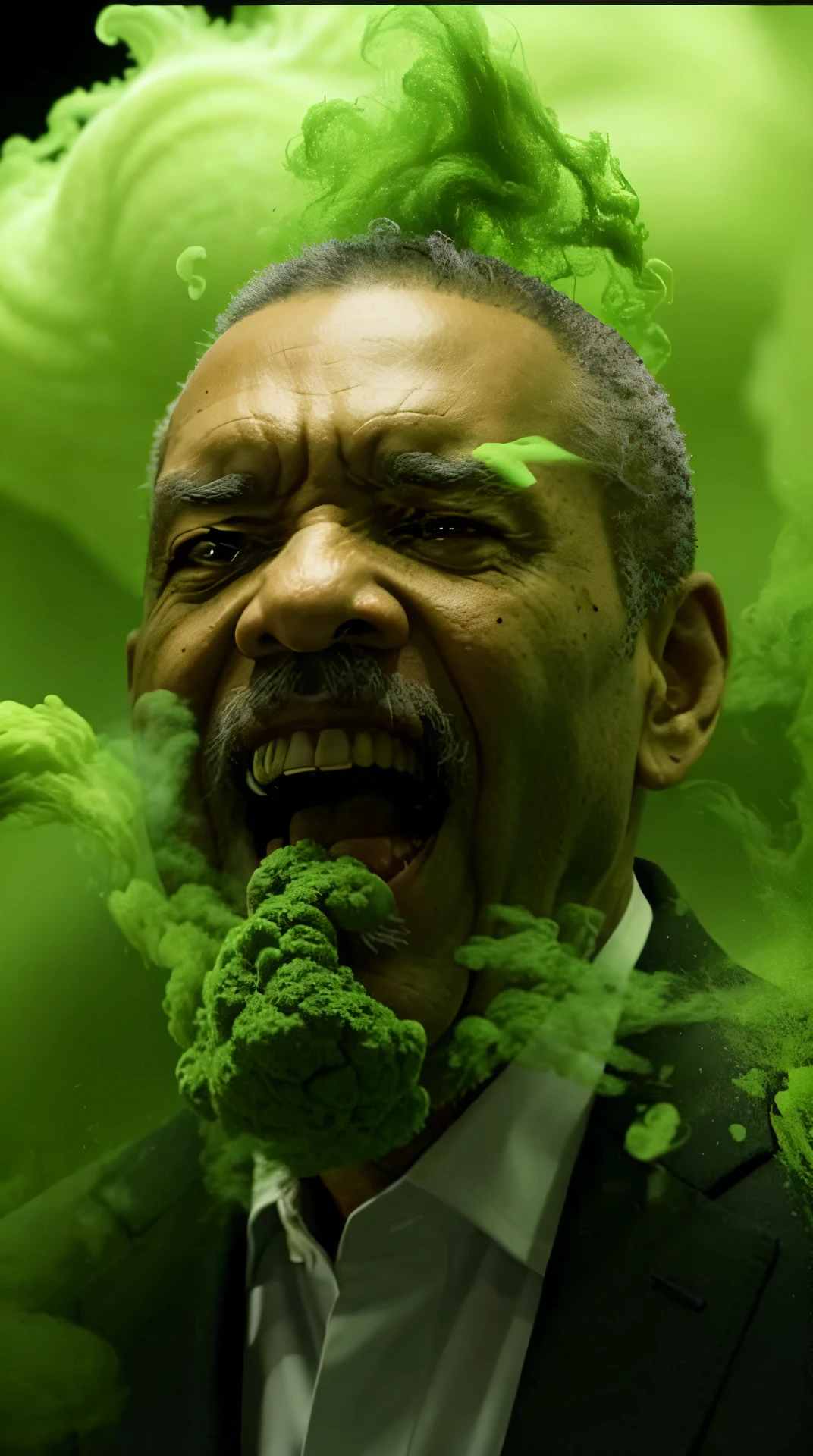 Dr. Sebi eating  powder with a green smoke coming out of his mouth, Dr. Sebi, Dr. Sebi as the joker, Dr. Sebi in attack on titan, film still of Dr. Sebi, Dr. sebi), oprah okra winfrey sentient veg, lettuce, flames are burning behind Dr. Sebi, photobashing, greens), green skin!, fake, [ realistic photo ]!! background full of powder flying