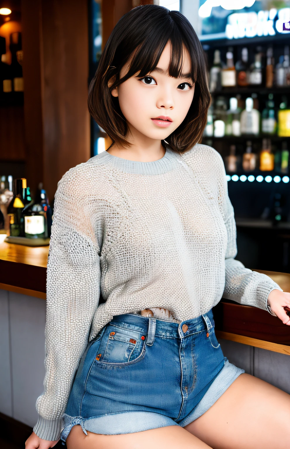 12year old、Naked junior model with a height of 135cmｍ、Beautiful nipples、shaved pussy、Sexy eyes,, Shy, Facing the camera, Girl sitting at bar wearing grey fishnet sweater and tight denim, Clear bar background, Sea view, Bar Counter Arm, lower back, Slim body,