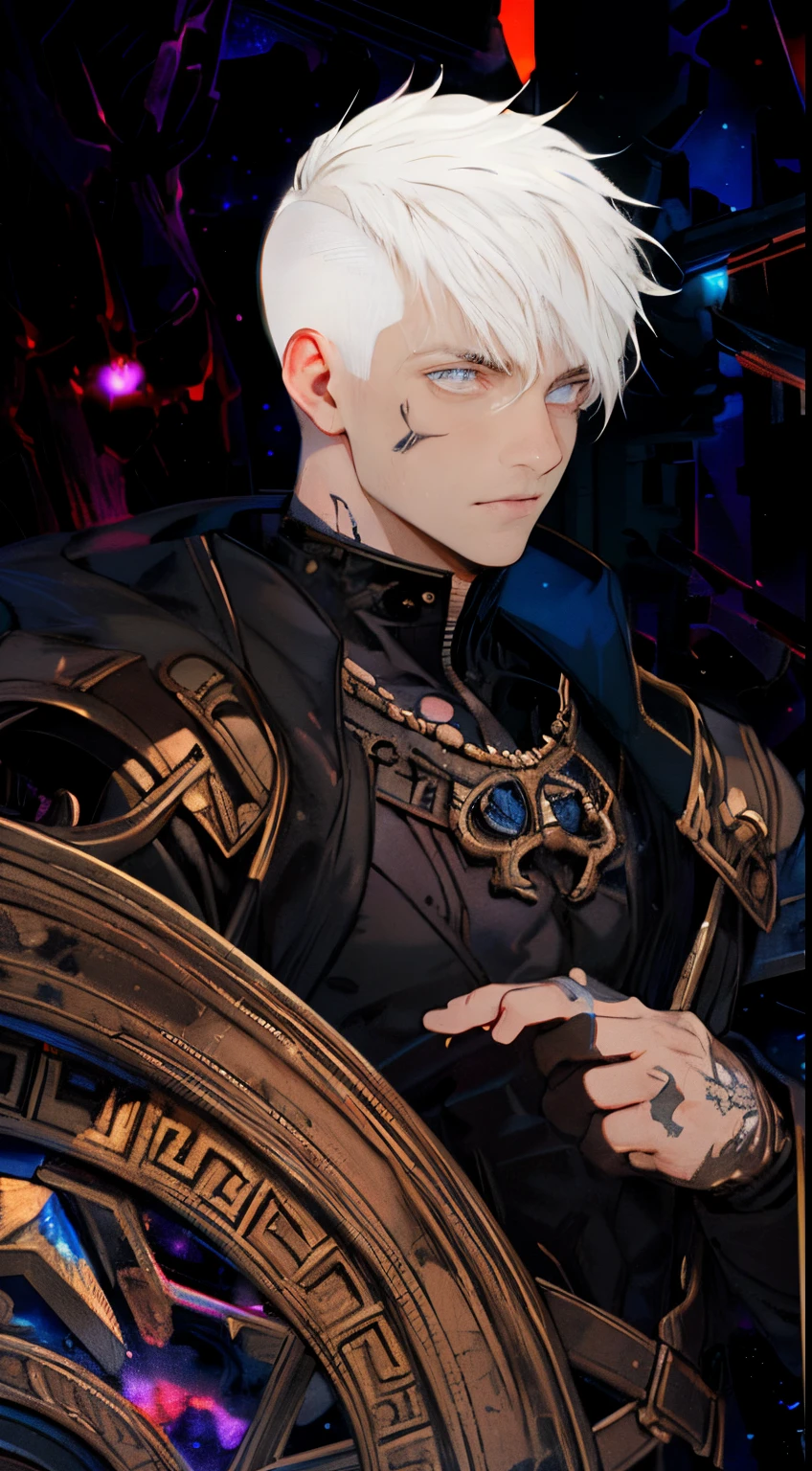 (Absurdres, Intricate Details, Masterpiece, Best Quality, High Resolution, 8k), (1man), (male:1.3), young, chiseled facial features, finely detailed eyes and face, slim body, sense of humor, light skin, finely detail eyes and face, (detailed eyes:1.8), (short white hair:1.8), (fade haircut:1.8), (red eyes:1.15), anchor shaving, nervous, (style-rustmagic:0.8), portrait, looking down, solo, (full body:0.6), detailed background, (high fantasy greek roman theme:1.1), dark seeker, serious expression, silver trimmed elaborate intricaudded:0.8), tattoos, black body suit with large oversized black coat with one sleeve and massive collar, gunpowder, (night sky background:1.8), winter, mysterious atmosphere, dark lighting, shadows, warhammer dark fantasy, precise and accurate, finely detailed background, Depth of Field, VFX.