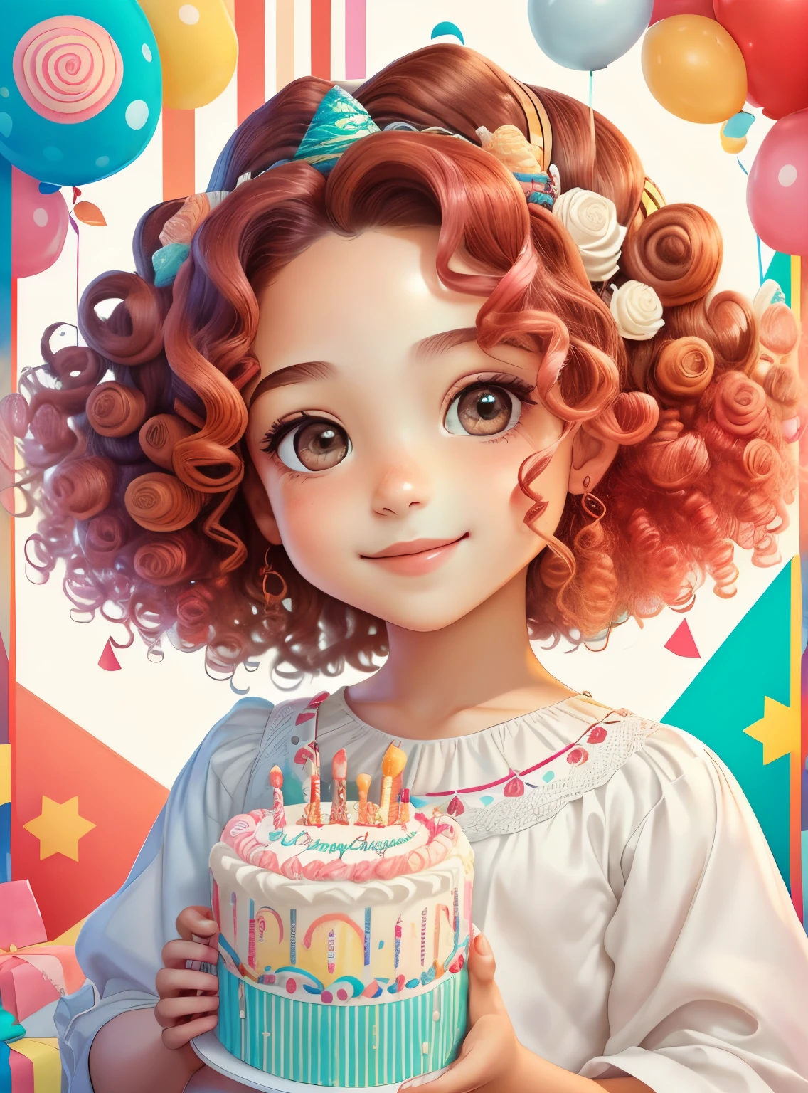 ((|) (cute girl with curly hair smiling with a beautiful birthday cake) stylized identical to 1940 |)), acolchoamento ,multidimensional geometric wall PORTRAIT, arte, Chibi,
Yang016K, lindo,(( Predominant red coloration ,rosa e branco))
Primary works, qualidade superior, melhor qualidade, Arte Oficial, Lindo e Estetaduardo Kobra acolchoamento ,multidimensional geometric wall PORTRAIT, arte, Chibo,detalhes