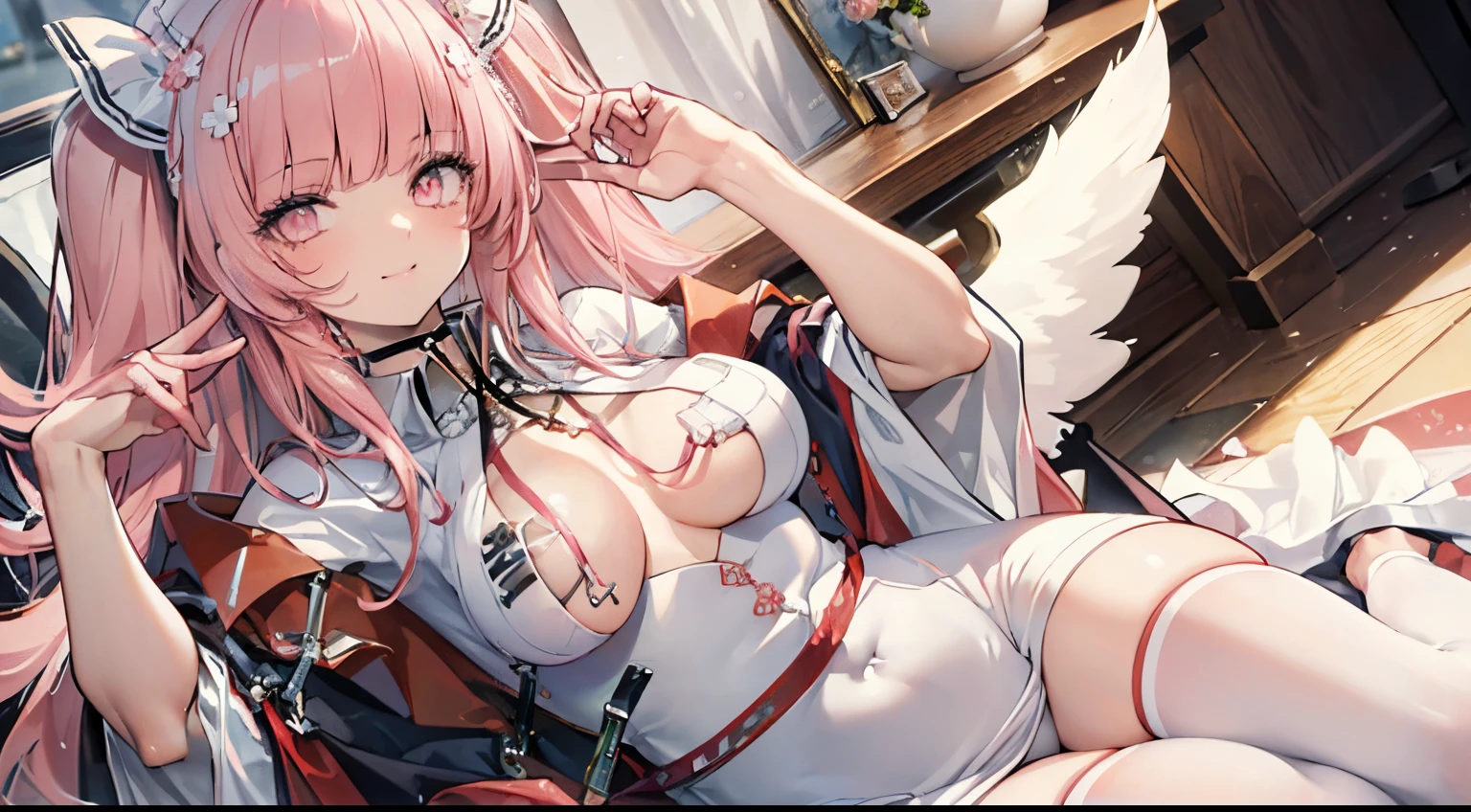 ((4k, masterpiece, top-quality)), 8k, best quality, high resolution, HD, (illustration:0.8), (beautiful detailed eyes:1.6), extremely detailed face, perfect lighting, (perfect hands, perfect anatomy), super complex details, intricate details, perseusorigin, flowers, white_dress, angel_wings, white_legwear, cute, flowers, flower, pink flower, rose, anime wallpaper, hdx wallpaper, 1girl, dress, very long hair, solo, breasts, pink hair, smile, white dress, looking at viewer, cleavage, frills, frilled dress, pink eyes, bangs, wide sleeves