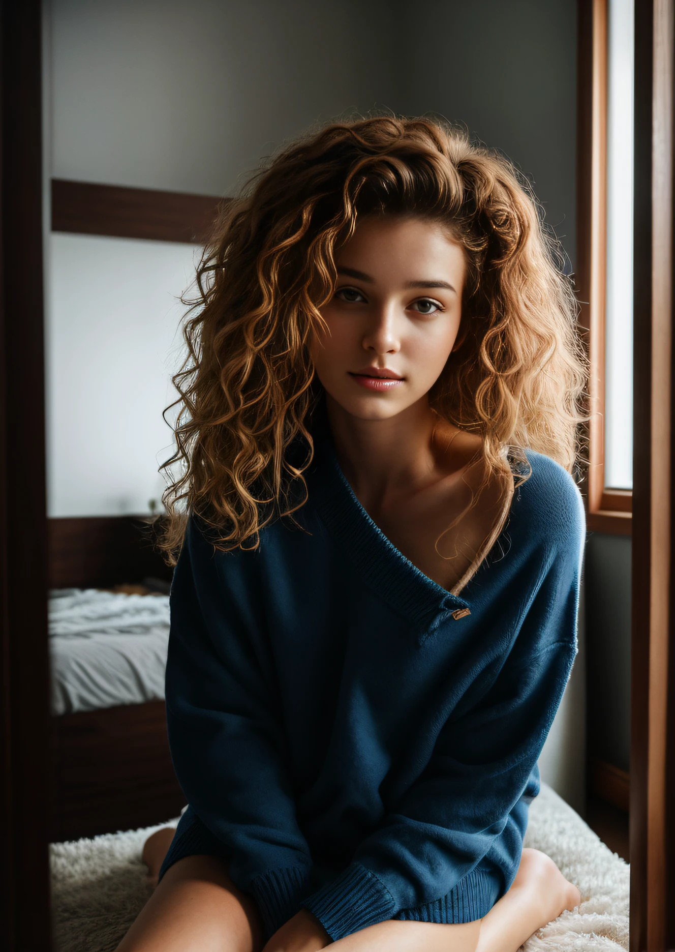 arafed woman with curly hair sitting in a room in her cozy apartment, beautiful young girl, gorgeous young model, by irakli nadar, cute young woman, anna nikonova aka newmilky, very beautiful young woman, high quality photo, sofya emelenko, beautiful young woman, photo of a beautiful girl, very beautiful girl, messy curly hair, wearing cozy white color sweater and blanket over naked legs, drinking champaign and sitting in her room.