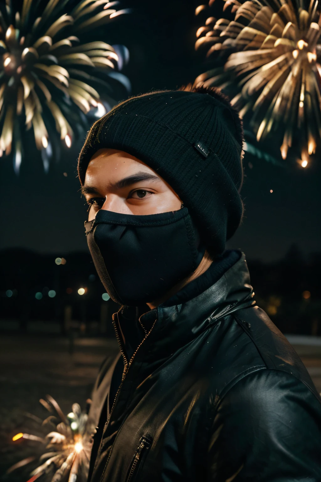 create a sharp and profesional profile picture, thats pretty bad ass but also porffesional associated with firework, the person needs to be a man and needs to have a unique balaclava on. there needs to be firework