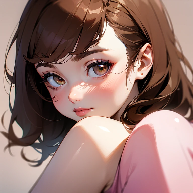 girl, pale skin, hazel eyes, dark brown hair, pink lips, flushed cheeks, slight smile, eyes brown