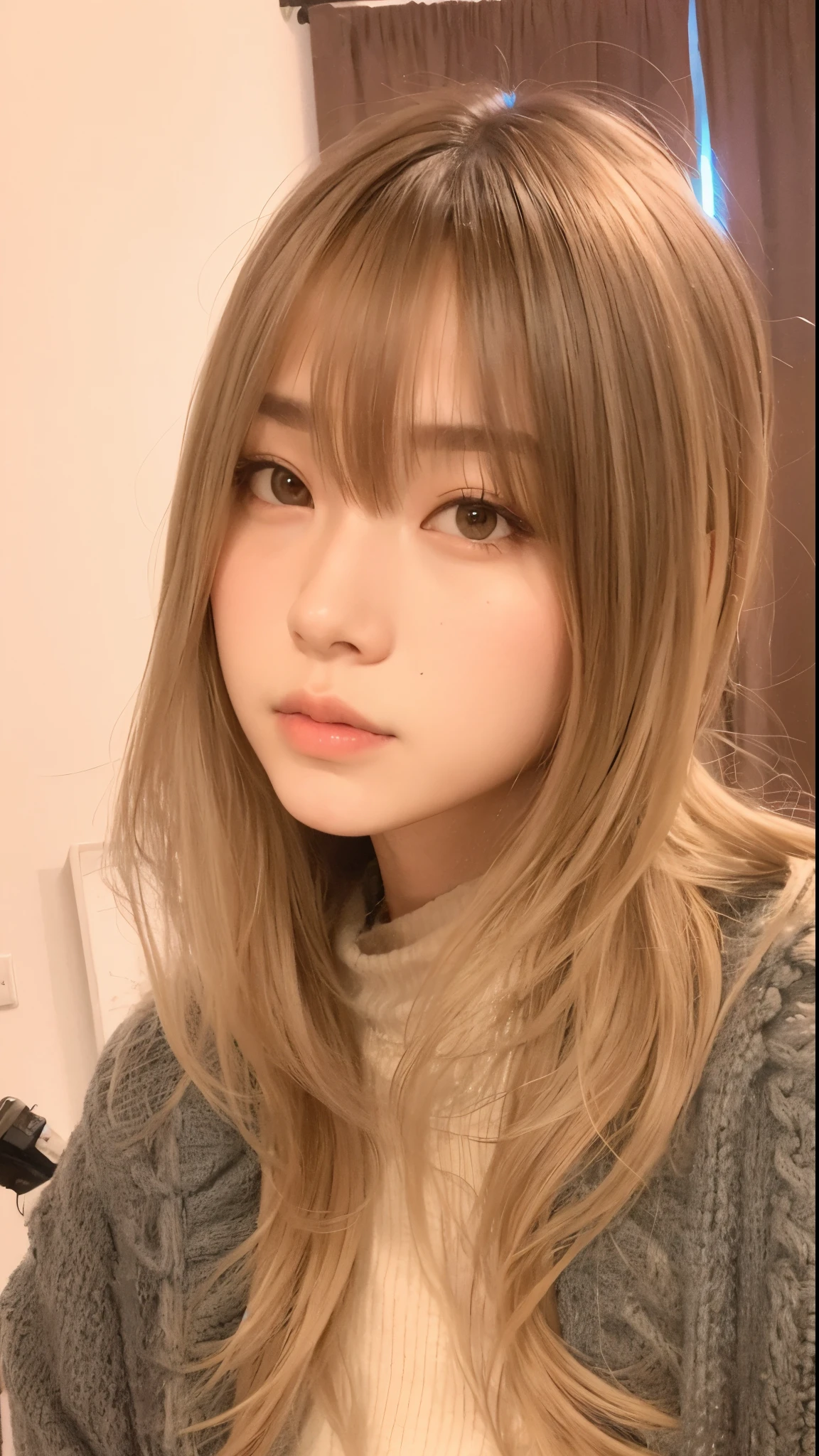 cropped woman with long hair and a gray sweater posing for a photo, Chiho, O corte Hime, com franja, Ayaka, cabelo arrumado com franja, Lalisa Manobal, Yoshitomo Nara, franja marrom, Sobre Ishida, franja fofa, Shiori Teshirogi, franja central separada