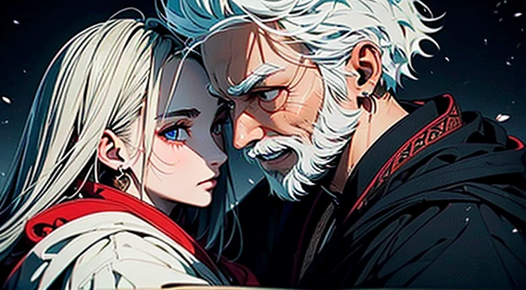 A white haired asian male with tanned skin,(the same person , 26 years old, sporting short white beard with long white hair and red pupil, wearing black robe), inside tent, vagabond art style, kentaro miura art style, low angle, ( full body), detailed lighting and shadows, detailed, masterpiece, 4k, good image, perfect face, good anatomy, stoic expression, good posture, embracing a female, ebony hair, blue eyes, pear shaped body, wearing ivory robes with embroidery, smiling, eye contact with male