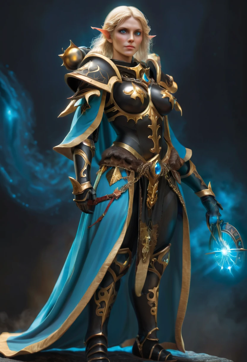 An Elf female with blond hair, wearing a "black and gold religious plate armor", large breasts, full body pose, spirit, glowing blue aura,