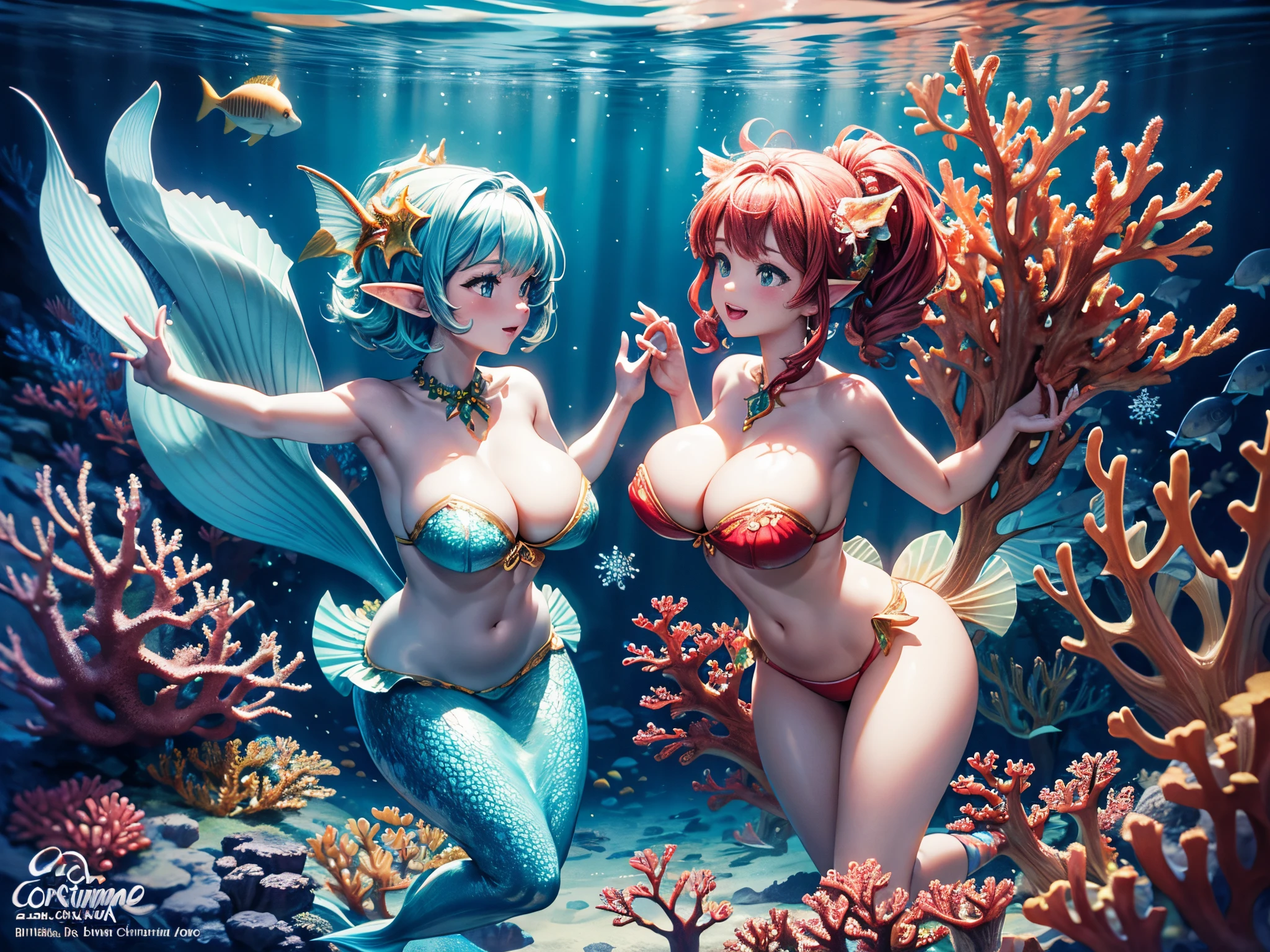 Dive into an underwater holiday realm where vibrant fractal corals host a dance of mermaid elves and schools of fish carrying 3D Christmas ornaments, enormous tits