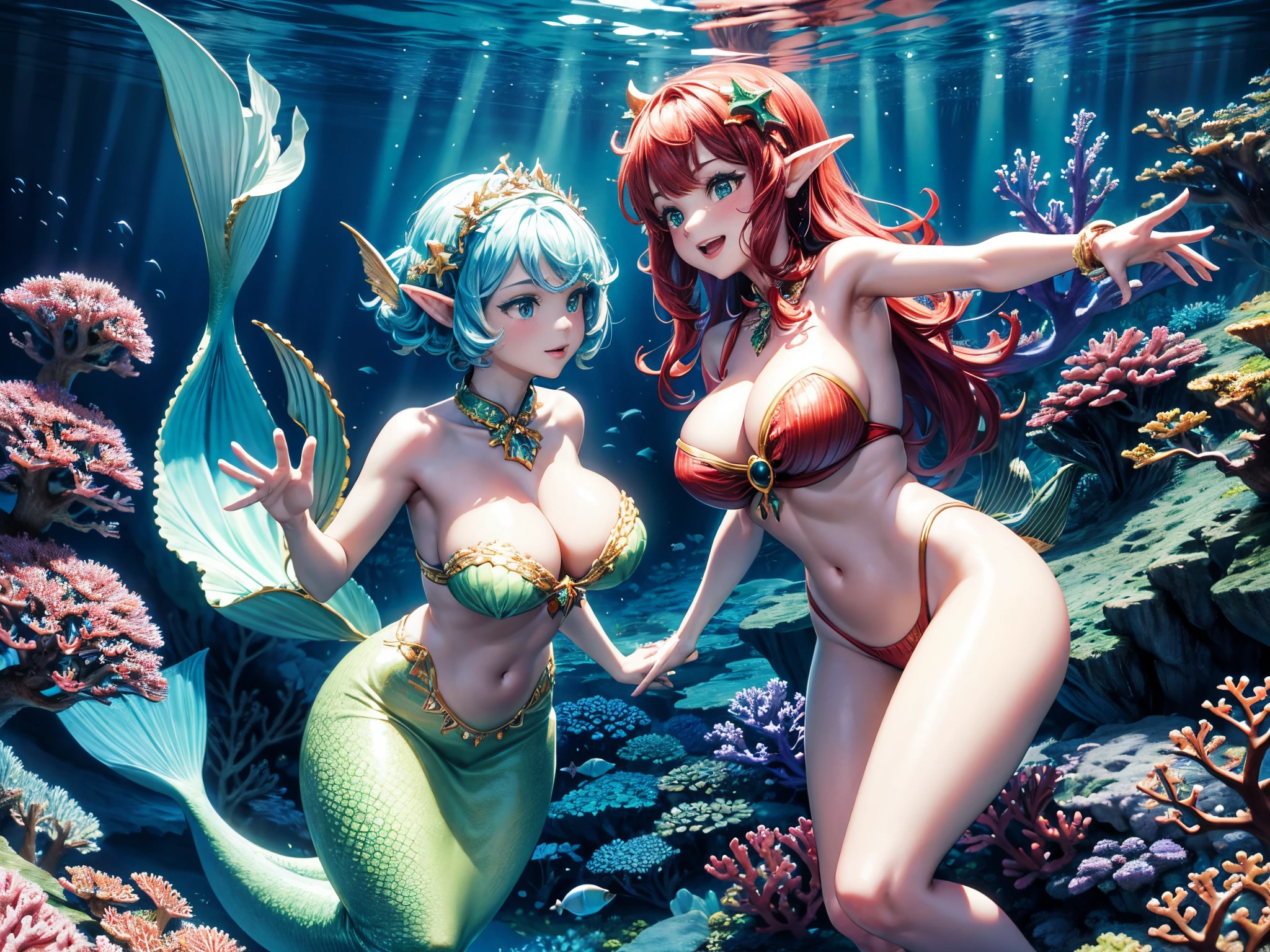Dive into an underwater holiday realm where vibrant fractal corals host a dance of mermaid elves and schools of fish carrying 3D Christmas ornaments, enormous tits