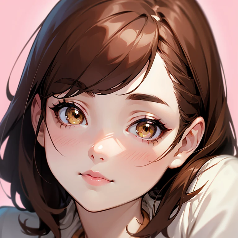 girl, pale skin, hazel eyes, dark brown hair, pink lips, flushed cheeks, slight smile, eyes brown, homan