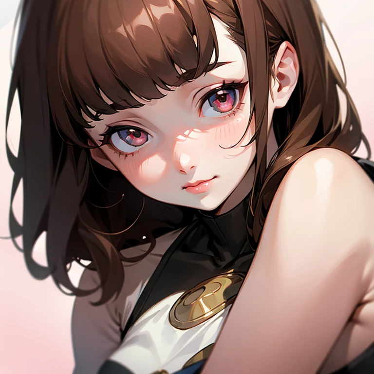 girl, pale skin, hazel eyes, dark brown hair, pink lips, flushed cheeks, slight smile, eyes brown, homan