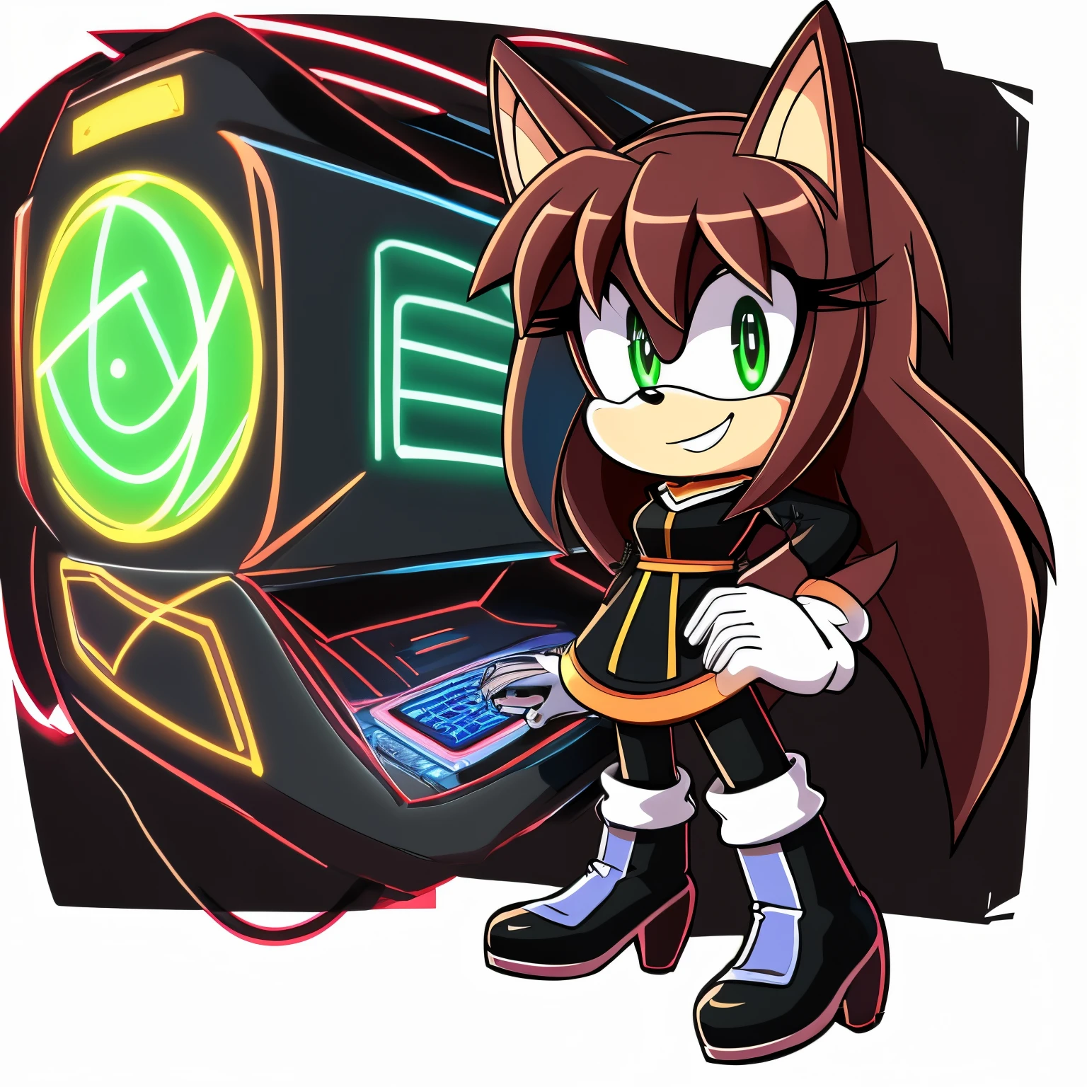 Female, Mobian, one hand on hip, (((2D Anime Style))), (solo), (1girl), high quality digital art, red and black neon lines sketch art, black cloudy background, a red furred female anthropomorphic hedgehog from Sonic the hedgehog who has glowing green eyes, standing up and holding a computer chip, smiling evilly, long lower back length hair, hair bangs, old western styled dress, knee high high heeled boots, wispy lines, smoky