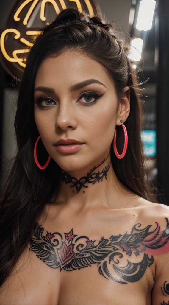 Photorealistic, Photo of European woman, colrful hair, huge eyelashes, huge bold eyelines, neon bold eyeshadows, high quality, colorful tattoos, huge earrings