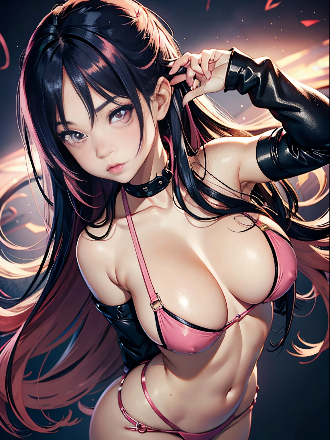 blush, cleavage,, red eyes, red fingerless gloves,glowing aura, natural light, masterpiece, glossy skin, juicy lips ,long hair, cute, kawaii, adorable, reaching up, , cuddle, kawaii clothes,random hair style, random clothes, black hair, (((pink streaks in hair))), yellow eyelack hair)), snake, random pose, random background, random action, sexy, hot, nipple slip, full body, random expression, very good quality