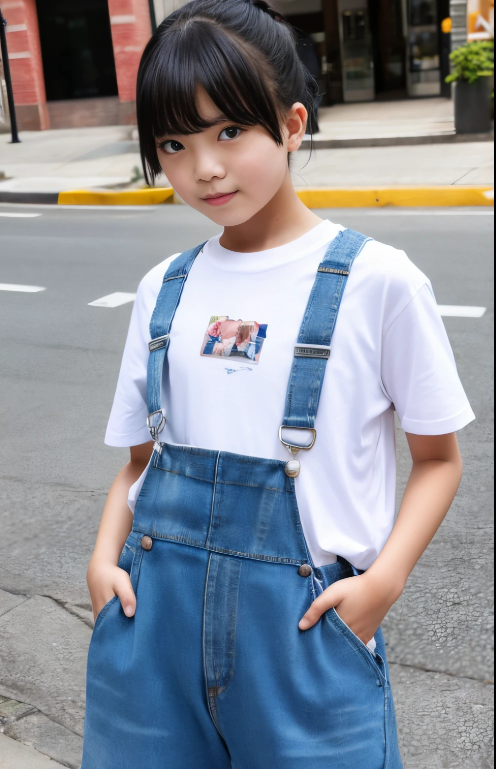 ar old、ed junior model with a height of 135cmm、Beautiful nipples、shaved pussy、Sexy eyes,Street, tshirts, Denim overalls,