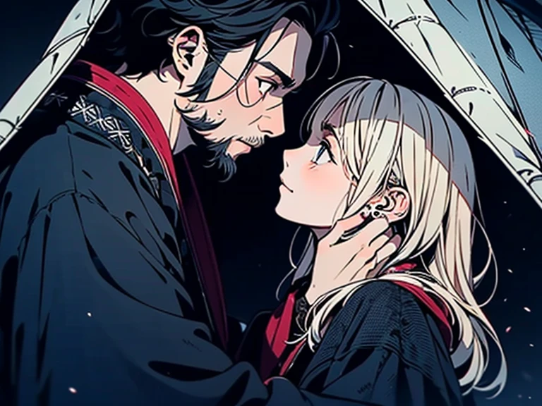 Amidst the shelter of a tent, a 26-year-old Asian male, his tanned skin a contrast to his long white hair, red pupils, and a neatly trimmed beard, dons a flowing black robe. Rendered in the evocative 'Vagabond' art style reminiscent of Kentaro Miura, this 4K masterpiece captures the duo in a low-angle, full-body composition, detailing intricate lighting and shadows.
The male figure maintains a stoic expression, showcasing impeccable facial features and composed posture, while tenderly embracing a female counterpart. She exudes elegance, with ebony hair and striking blue eyes, clad in intricately embroidered ivory robes. The delicate smile on her lips and direct eye contact with the male exude warmth and connection, creating a poignant scene within the tent's confines, embodying the profound bond shared between the two."