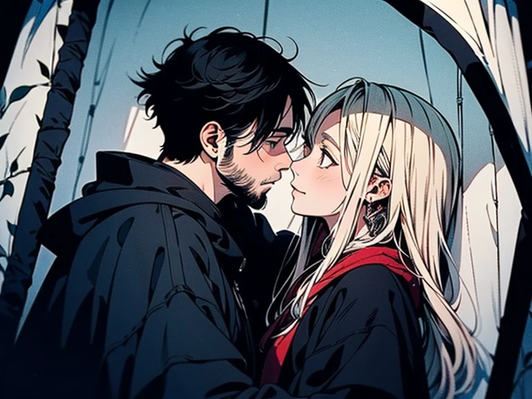 Amidst the shelter of a tent, a 26-year-old Asian male, his tanned skin a contrast to his long white hair, red pupils, and a neatly trimmed beard, dons a flowing black robe. Rendered in the evocative 'Vagabond' art style reminiscent of Kentaro Miura, this 4K masterpiece captures the duo in a low-angle, full-body composition, detailing intricate lighting and shadows.
The male figure maintains a stoic expression, showcasing impeccable facial features and composed posture, while tenderly embracing a female counterpart. She exudes elegance, with ebony hair and striking blue eyes, clad in intricately embroidered ivory robes. The delicate smile on her lips and direct eye contact with the male exude warmth and connection, creating a poignant scene within the tent's confines, embodying the profound bond shared between the two."