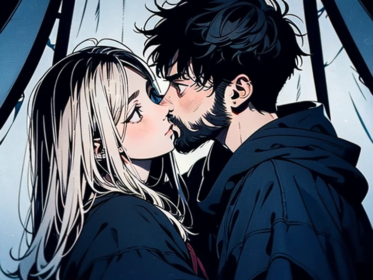 Amidst the shelter of a tent, a 26-year-old Asian male, his tanned skin a contrast to his long white hair, red pupils, and a neatly trimmed beard, dons a flowing black robe. Rendered in the evocative 'Vagabond' art style reminiscent of Kentaro Miura, this 4K masterpiece captures the duo in a low-angle, full-body composition, detailing intricate lighting and shadows.
The male figure maintains a stoic expression, showcasing impeccable facial features and composed posture, while tenderly embracing a female counterpart. She exudes elegance, with ebony hair and striking blue eyes, clad in intricately embroidered ivory robes. The delicate smile on her lips and direct eye contact with the male exude warmth and connection, creating a poignant scene within the tent's confines, embodying the profound bond shared between the two."