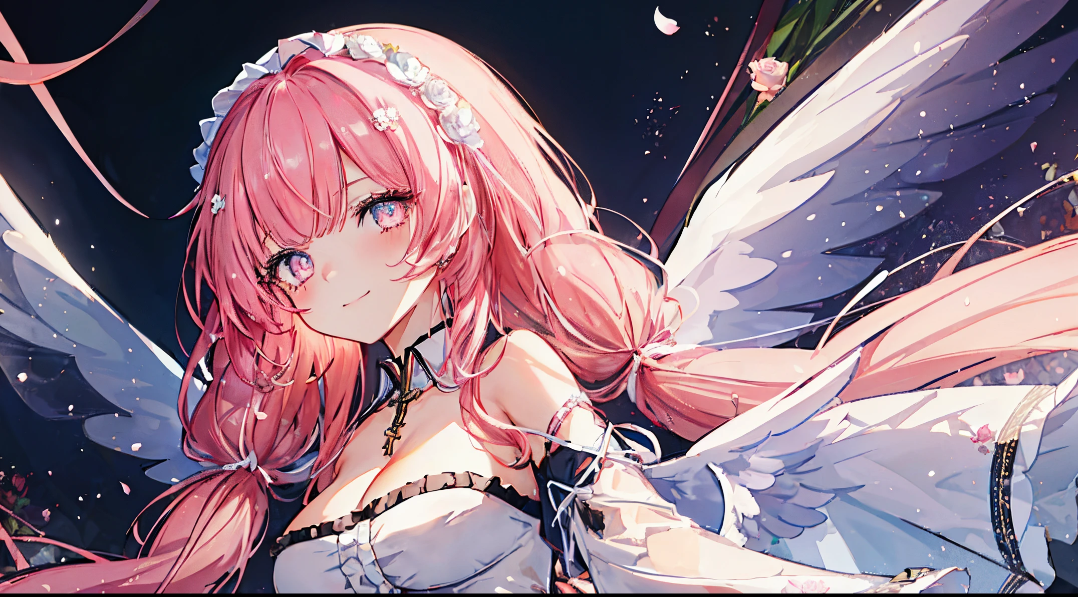 ((4k, masterpiece, top-quality)), 8k, best quality, high resolution, HD, (illustration:0.8), (beautiful detailed eyes:1.6), extremely detailed face, perfect lighting, (perfect hands, perfect anatomy), super complex details, intricate details, perseusorigin, flowers, white_dress, angel_wings, white_legwear, cute, flowers, flower, pink flower, rose, anime wallpaper, hdx wallpaper, 1girl, dress, very long hair, solo, breasts, pink hair, smile, white dress, looking at viewer, cleavage, frills, frilled dress, pink eyes, bangs, wide sleeves