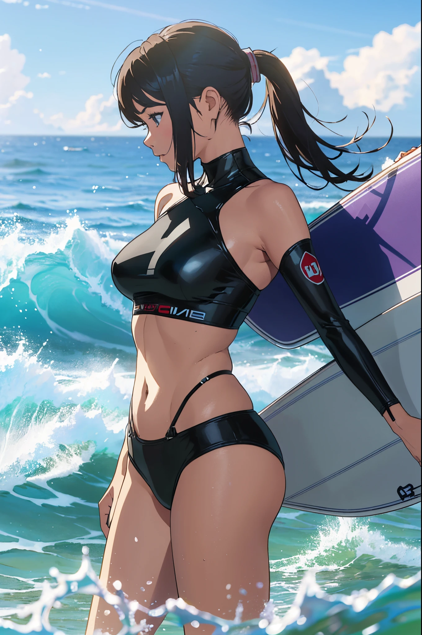 Please generate an image of a girl at full height standing on the seaside with a surfboard. She is wearing a blue surfing suit, and her straight hair, gathered in a ponytail, flows gently in the wind. The focus should be on her side profile as she stands on the beach with the waves in the background. Emphasize the clear visibility of the blue surfboard, and ensure that the girl's outfit and hairstyle are accurately represented. Capture the essence of a surfing moment by conveying the dynamics and mood of the scene.  -upscale --auto --s2