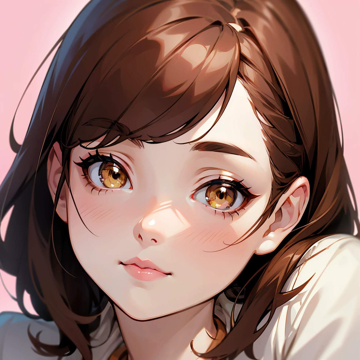 girl, pale skin, hazel eyes, dark brown hair, pink lips, flushed cheeks, slight smile, eyes brown, homan