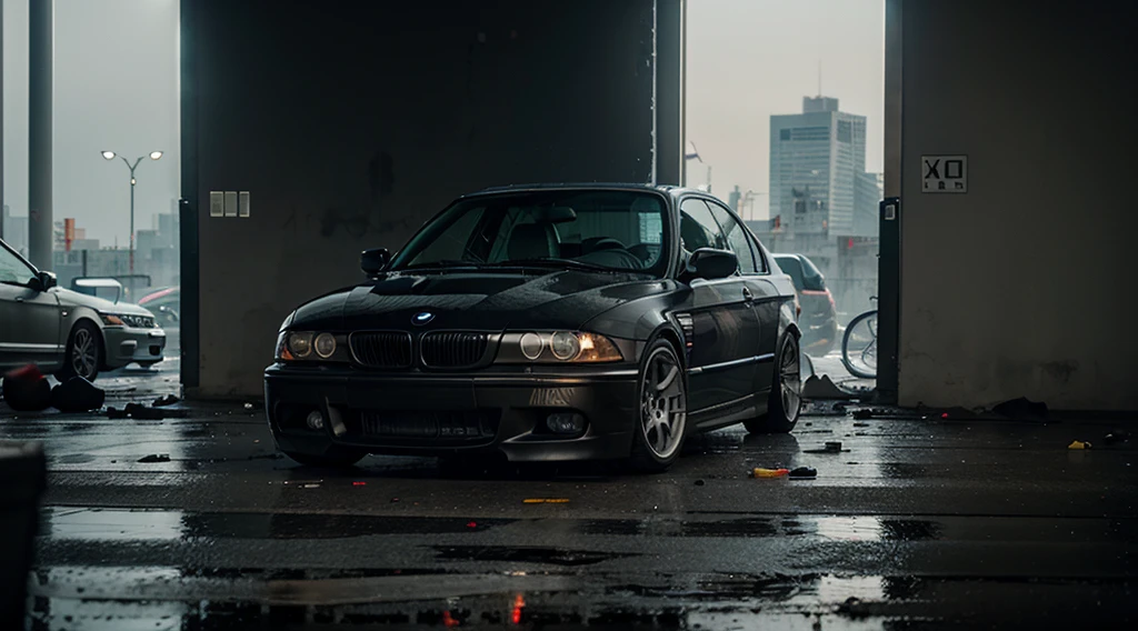 A hyperrealistic BMW E46 black sedan car, standing in front of a huge Polish skyscraper, the building destroyed, graffiti on the walls, chaos on the street and several homeless people. Hyper detailed lighting and cinematic shading throughout. Horror movie atmosphere.