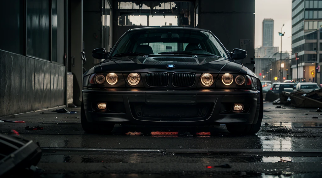 A hyperrealistic BMW E46 black sedan car, standing in front of a huge Polish skyscraper, the building destroyed, graffiti on the walls, chaos on the street and several homeless people. Hyper detailed lighting and cinematic shading throughout. Horror movie atmosphere.