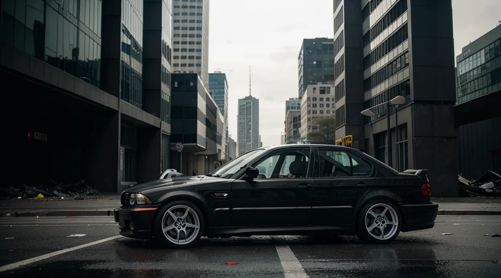 A hyperrealistic BMW E46 black sedan car, standing in front of a huge Polish skyscraper, the building destroyed, graffiti on the walls, chaos on the street and several homeless people. Hyper detailed lighting and cinematic shading throughout. Horror movie atmosphere.