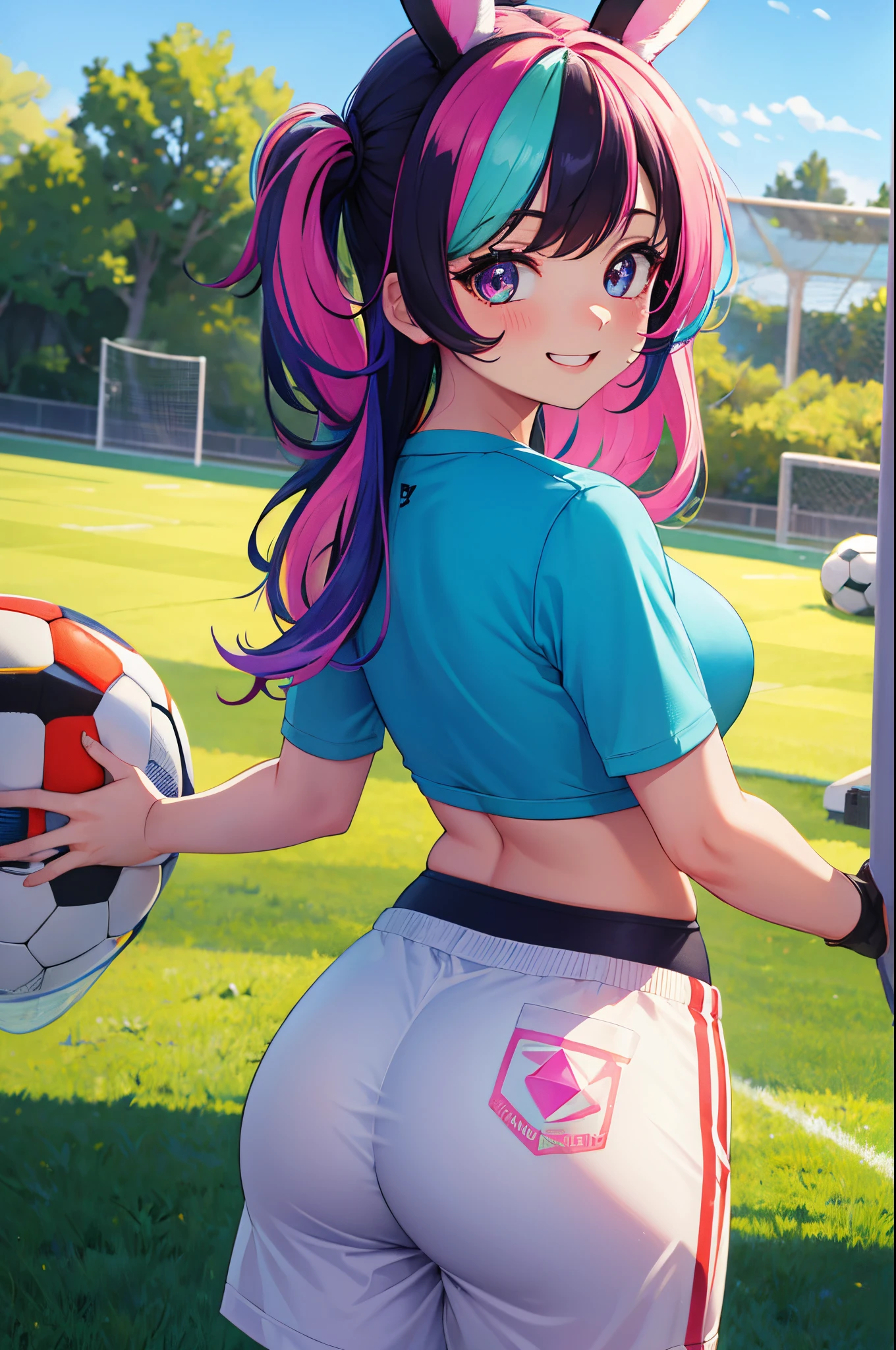 (highres:1.2),solo,girl with bunny ears,smiling,back turned to the viewer,Slacks,sporty clothing,soccer field,diamond,multicolored hair,multicolored eyes.