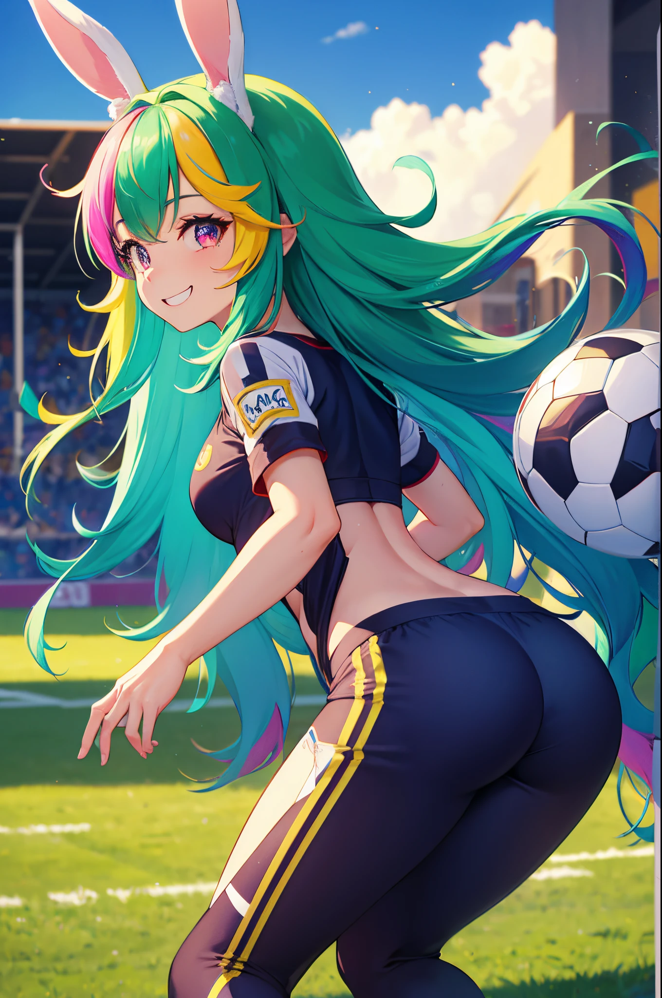 (highres:1.2),solo,girl with bunny ears,smiling,back turned to the viewer,Slacks,sporty clothing,soccer field,diamond,multicolored hair,multicolored eyes.