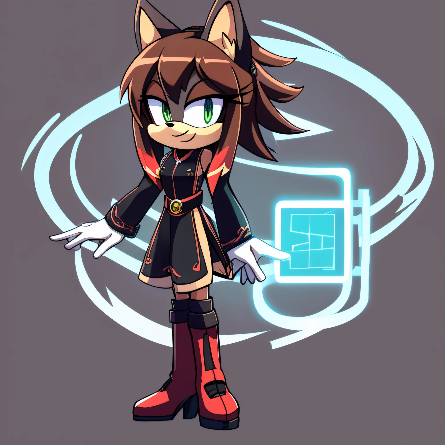 Female, Mobian, one hand on hip, (((2D Anime Style))), (solo), (1girl), high quality digital art, red and black neon lines sketch art, black cloudy background, a red furred female anthropomorphic hedgehog from Sonic the hedgehog who has glowing green eyes, standing up and holding a computer chip, smiling evilly, long lower back length hair, hair bangs, old western styled dress, knee high high heeled boots, wispy lines, smoky