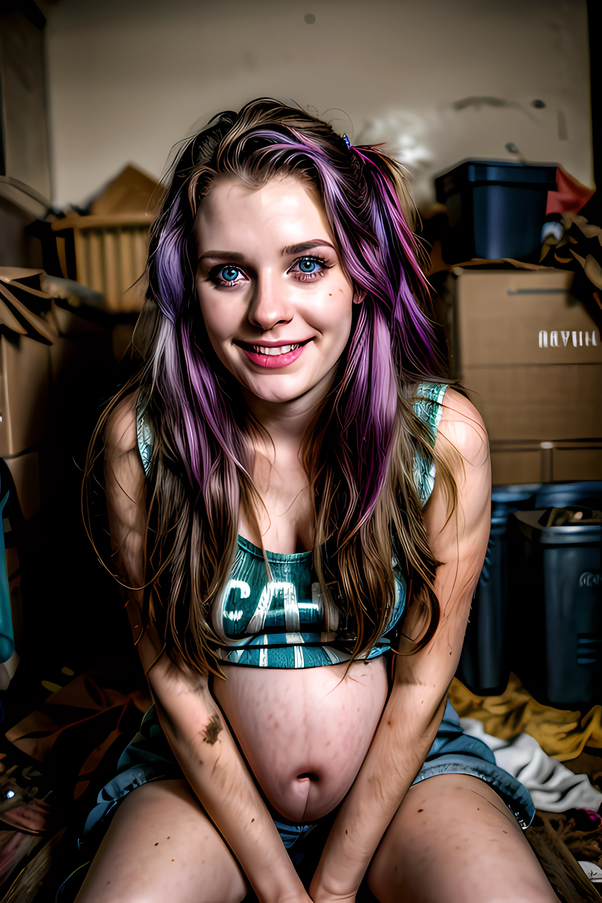 pregnant Appalachian punk woman, smiling (1995) sitting legs spread exposed  low class, cheap, Raggedy, tired,  poor, desperate, slutty makeup, overdone makeup, dirty body, long vibrant colored hair, dirty hair, tight torn t-shirt, worn out, inside a (apartment), dirty room, tired face, dynamic posing (flash photography, analog photo, film grain, high saturation)